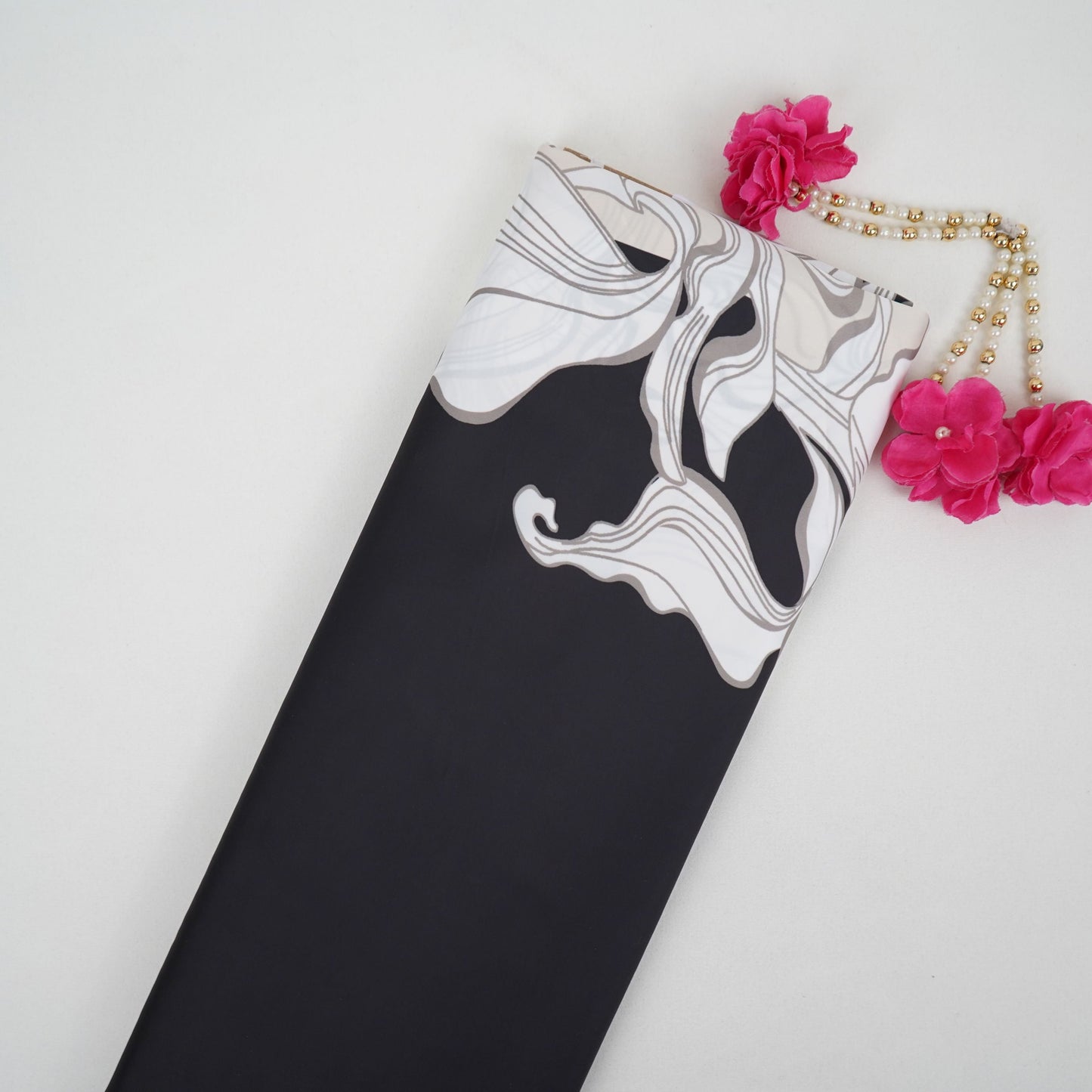 Black with Cream floral print Modal Silk Fabric MTF-31496