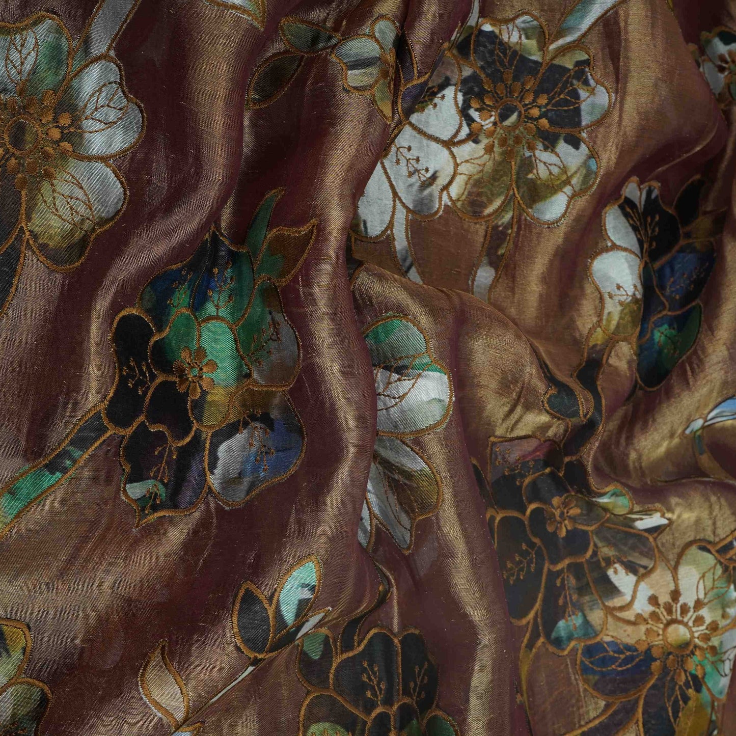 Chocolate Brown Applique Work Tissue Fabric YHF-32815
