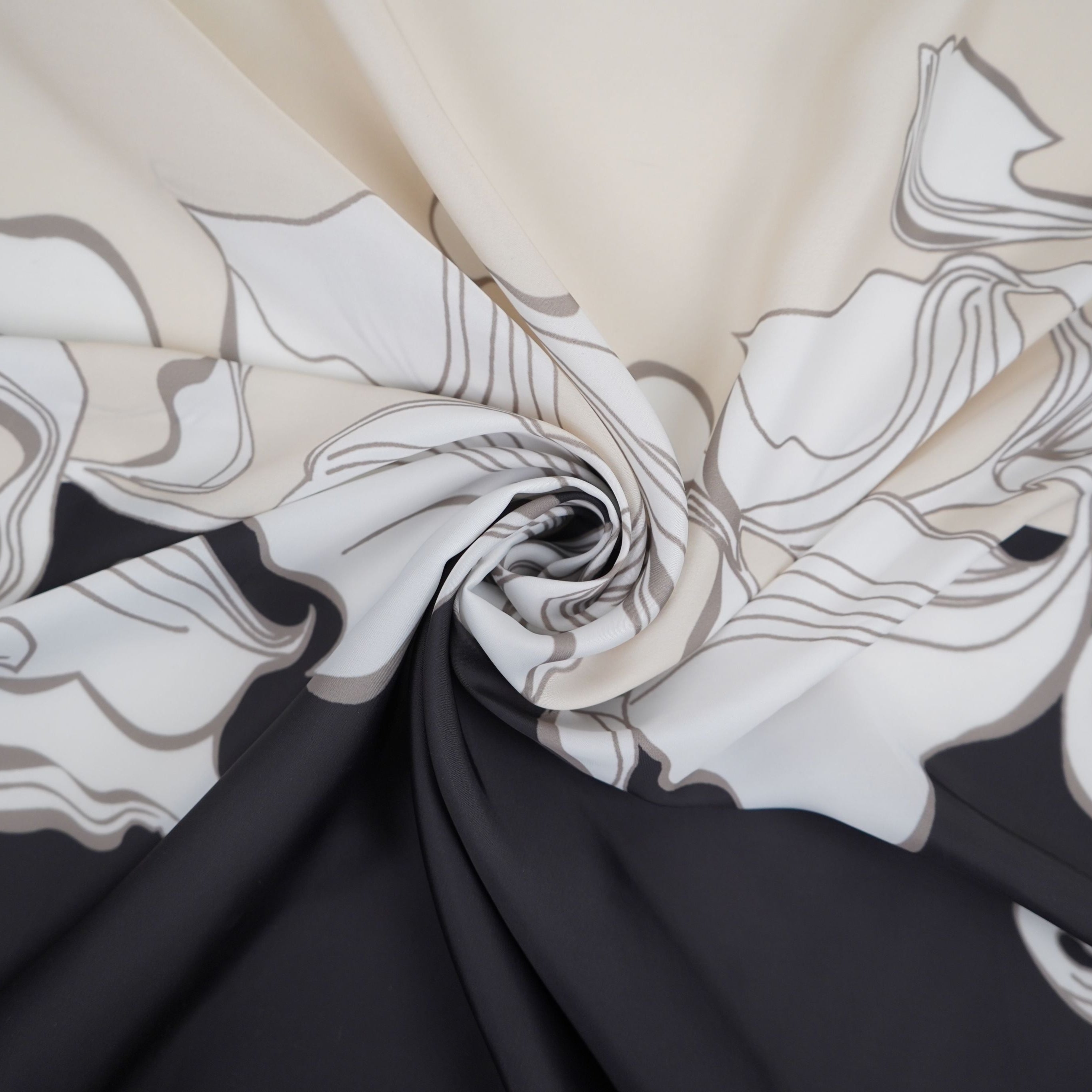 Black with Cream floral print Modal Silk Fabric MTF-31496 - TradeUNO
