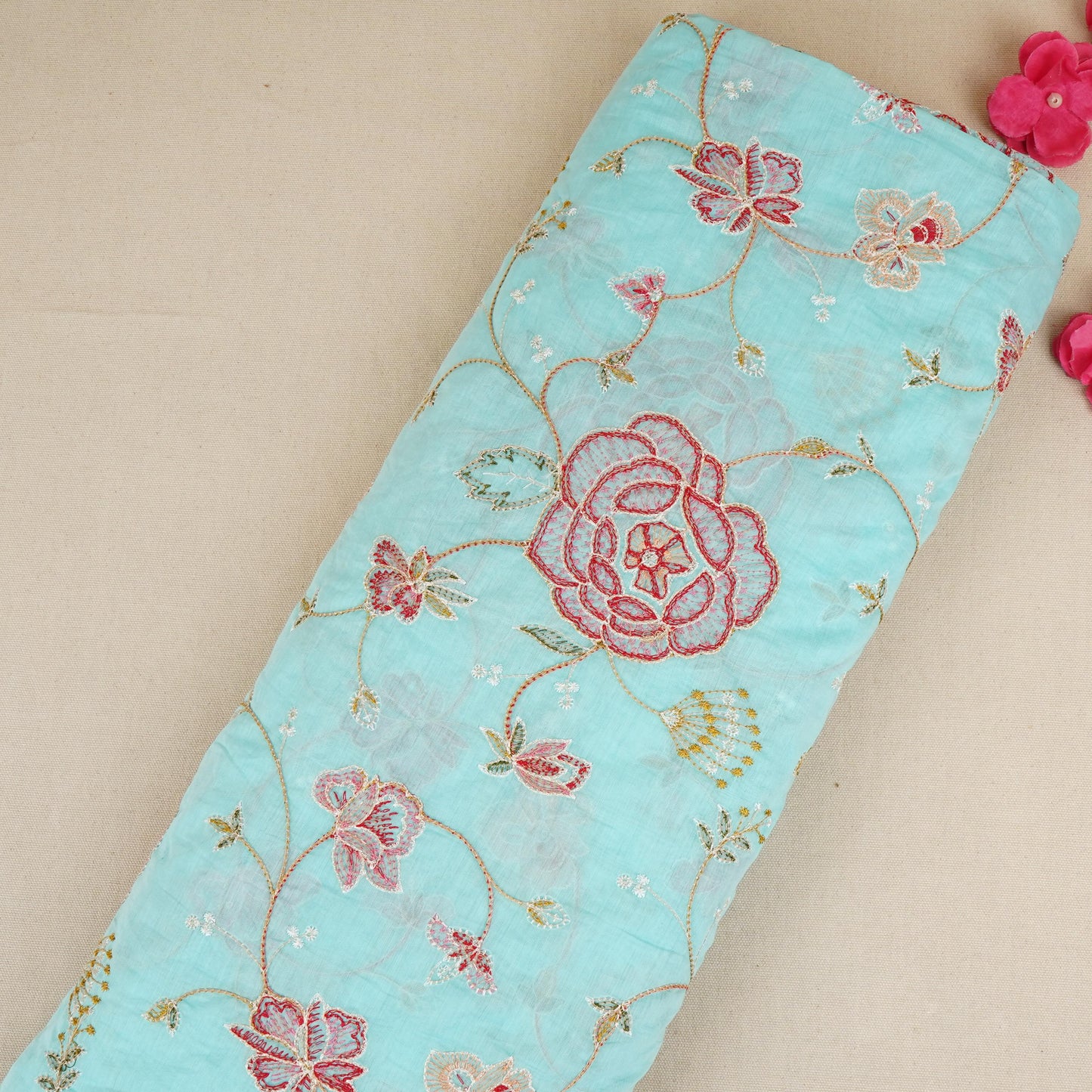 Sky Blue Aari embroidery Mul Chanderi Fabric DC-29680