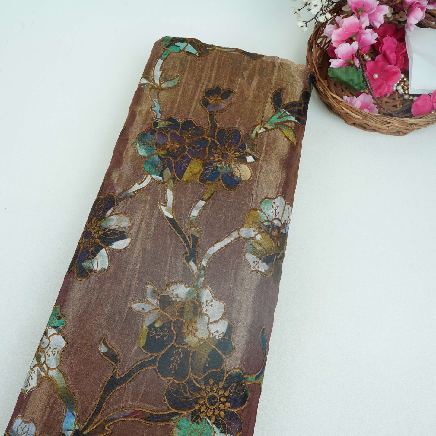 Chocolate Brown Applique Work Tissue Fabric YHF-32815