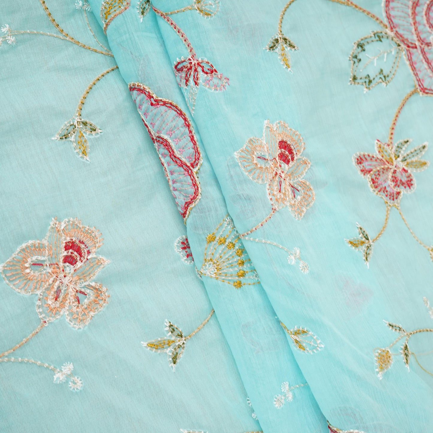 Sky Blue Aari embroidery Mul Chanderi Fabric DC-29680