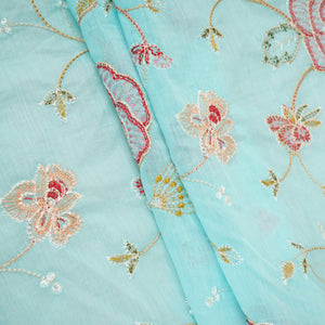 Sky Blue Aari embroidery Mul Chanderi Fabric DC-29680 - TradeUNO