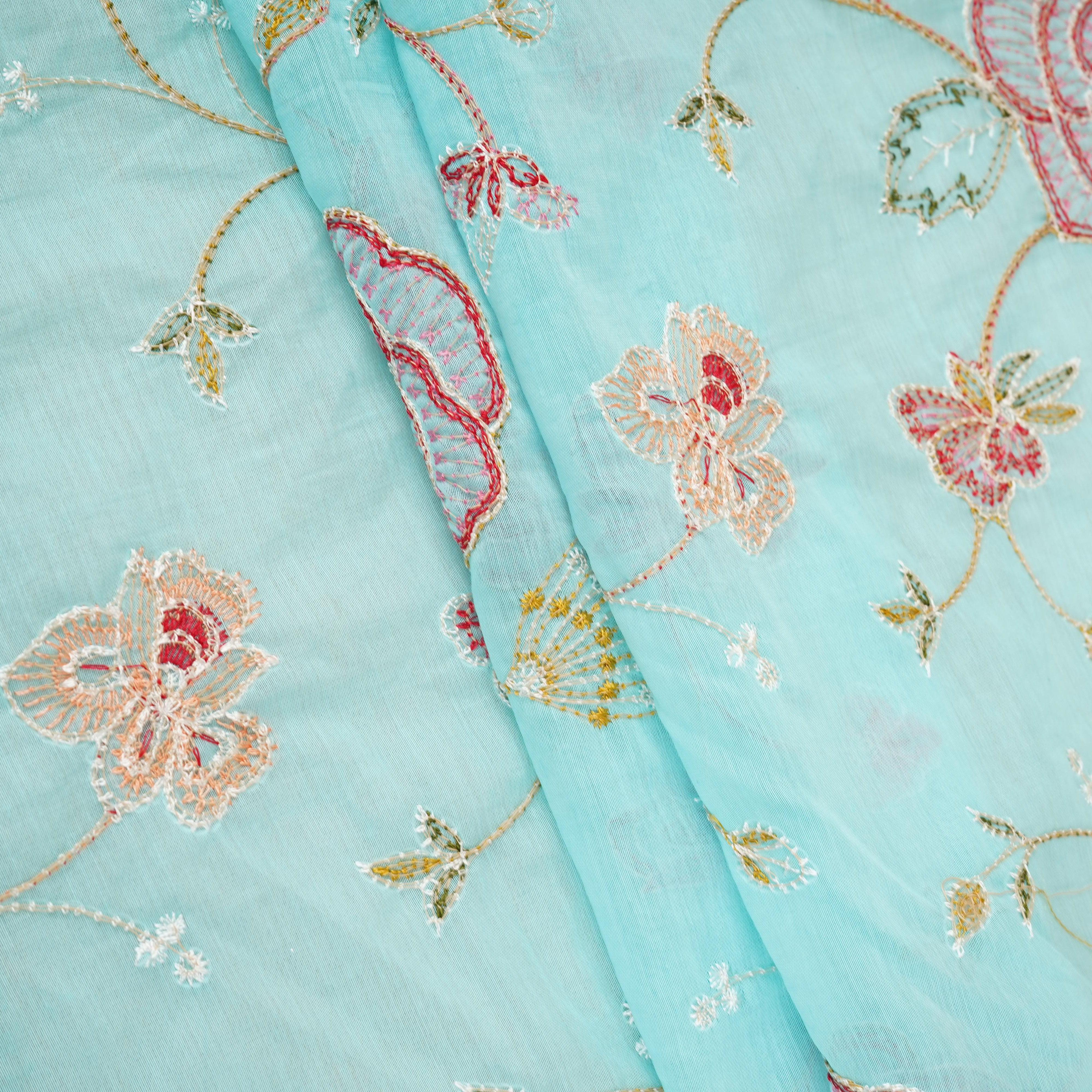 Sky Blue Aari embroidery Mul Chanderi Fabric DC-29680 - TradeUNO