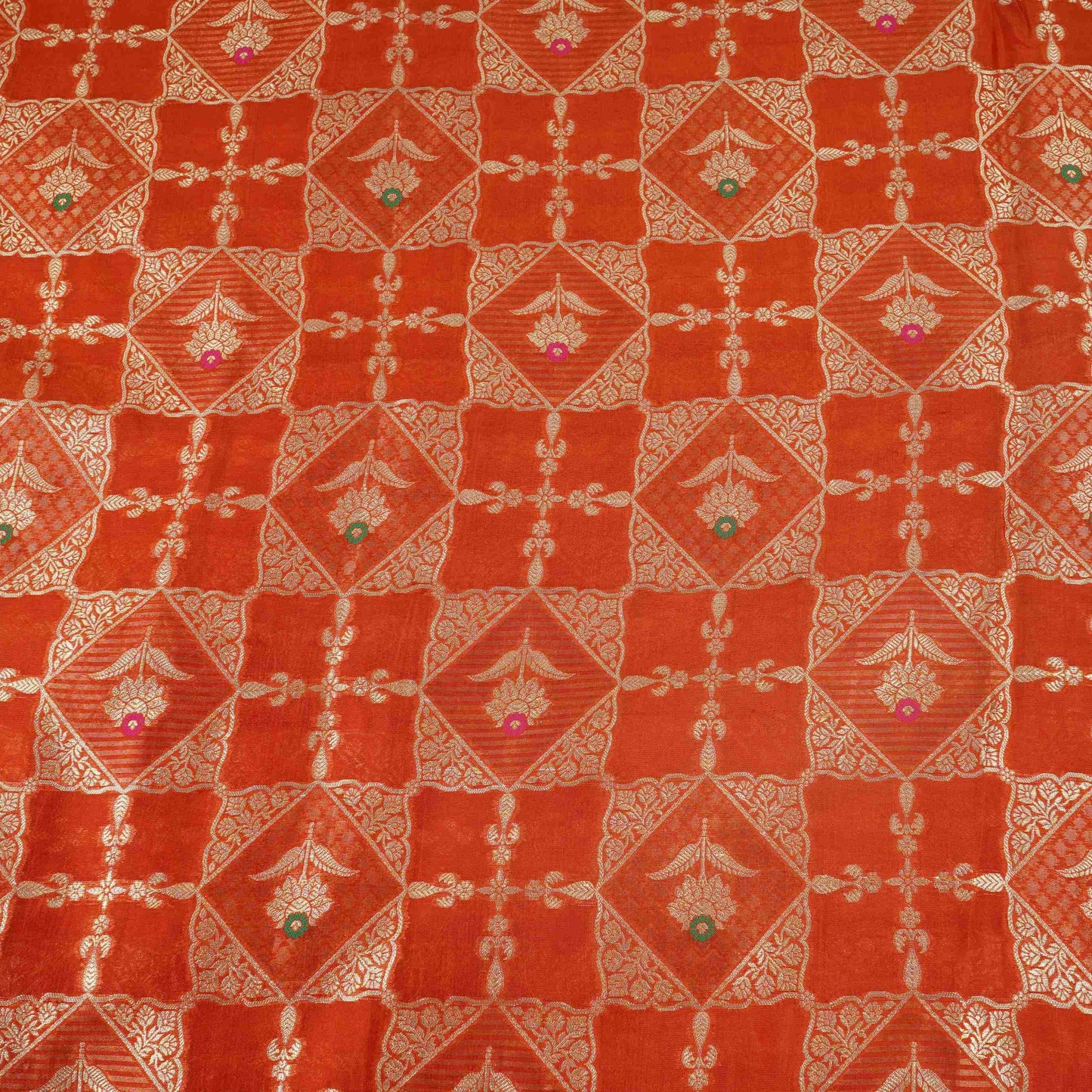 Rust Orange Floral Jaal Dupion Silk Tissue Fabric YHF-32828