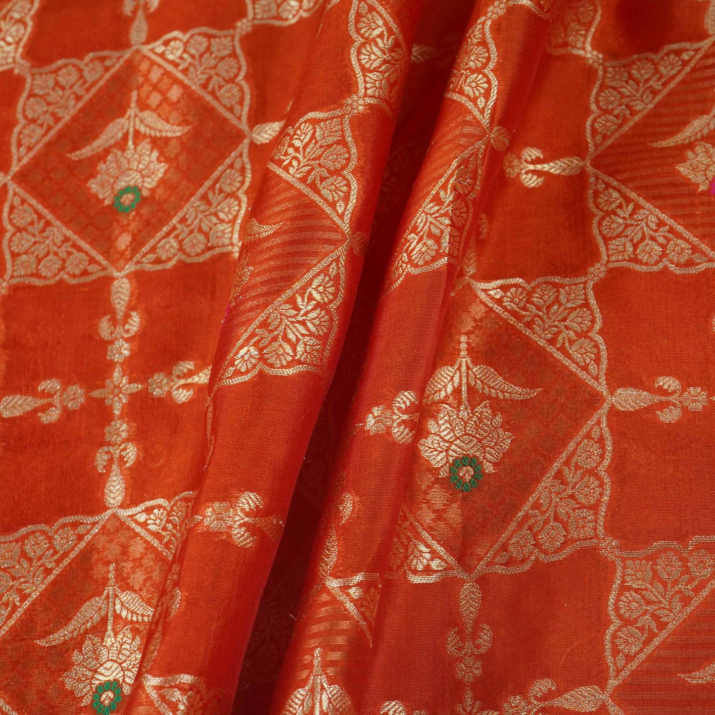 Rust Orange Floral Jaal Dupion Silk Tissue Fabric YHF-32828