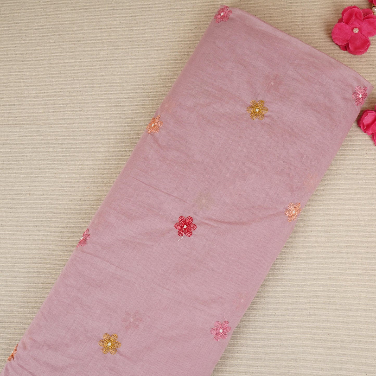 Lilac floral embroidery motif Mul Chanderi Fabric DC-29679