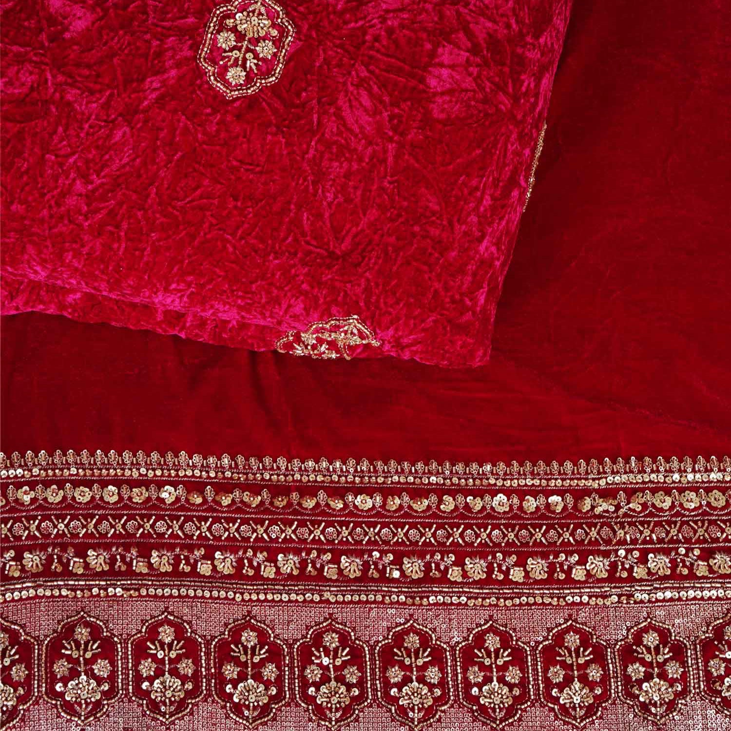 Magenta Pink Border Work Cutdana Micro Velvet 9000 Fabric SC-28297 - TradeUNO