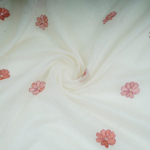 Off White Floral Embroidery Pure Banaras Mul Chanderi Fabric SGS-30703 - TradeUNO