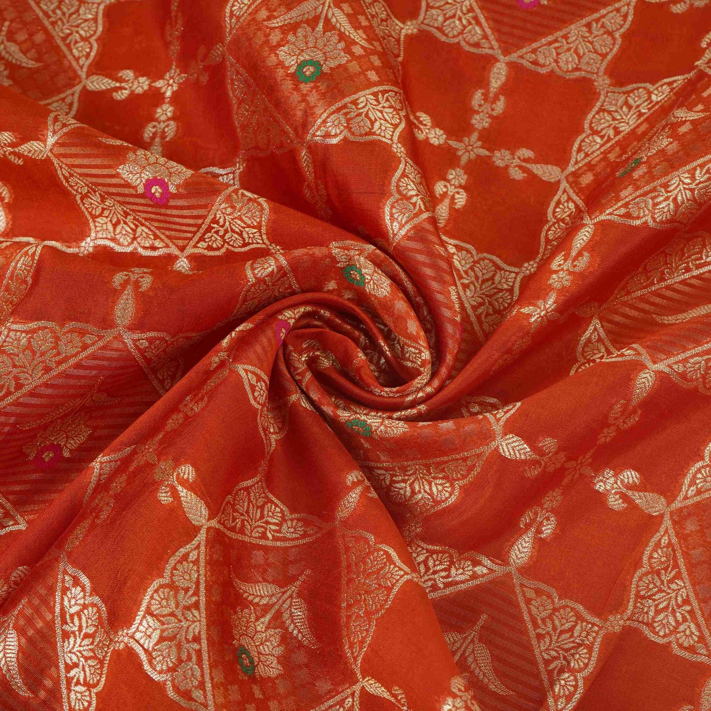Rust Orange Floral Jaal Dupion Silk Tissue Fabric YHF-32828