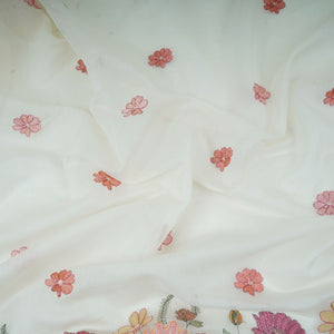 Off White Floral Embroidery Pure Banaras Mul Chanderi Fabric SGS-30703 - TradeUNO