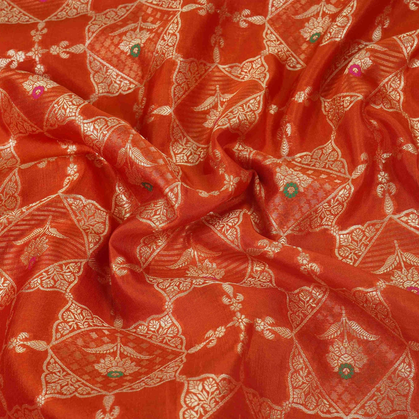 Rust Orange Floral Jaal Dupion Silk Tissue Fabric YHF-32828