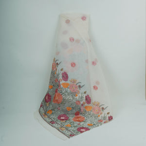 Off White Floral Embroidery Pure Banaras Mul Chanderi Fabric SGS-30703 - TradeUNO