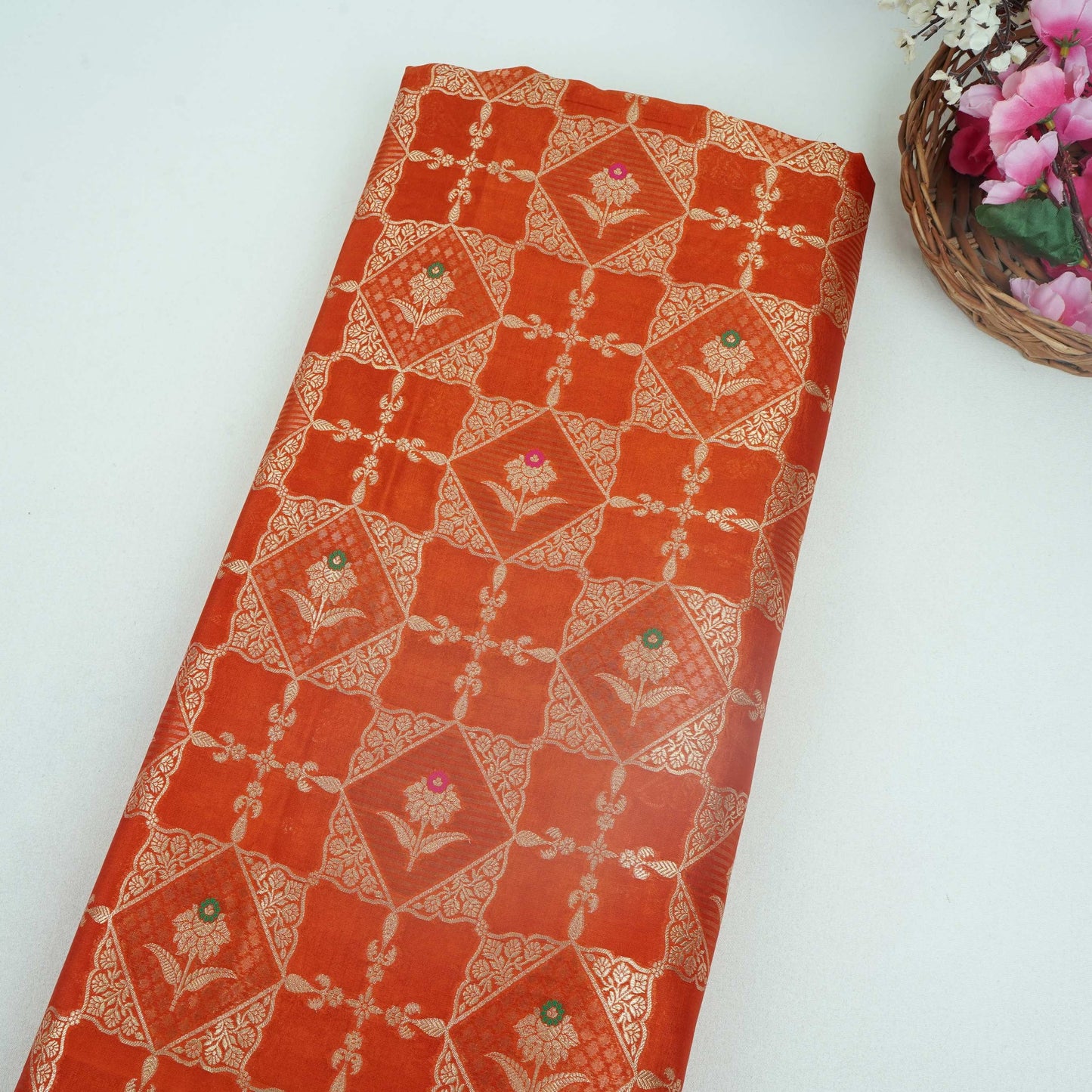 Rust Orange Floral Jaal Dupion Silk Tissue Fabric YHF-32828