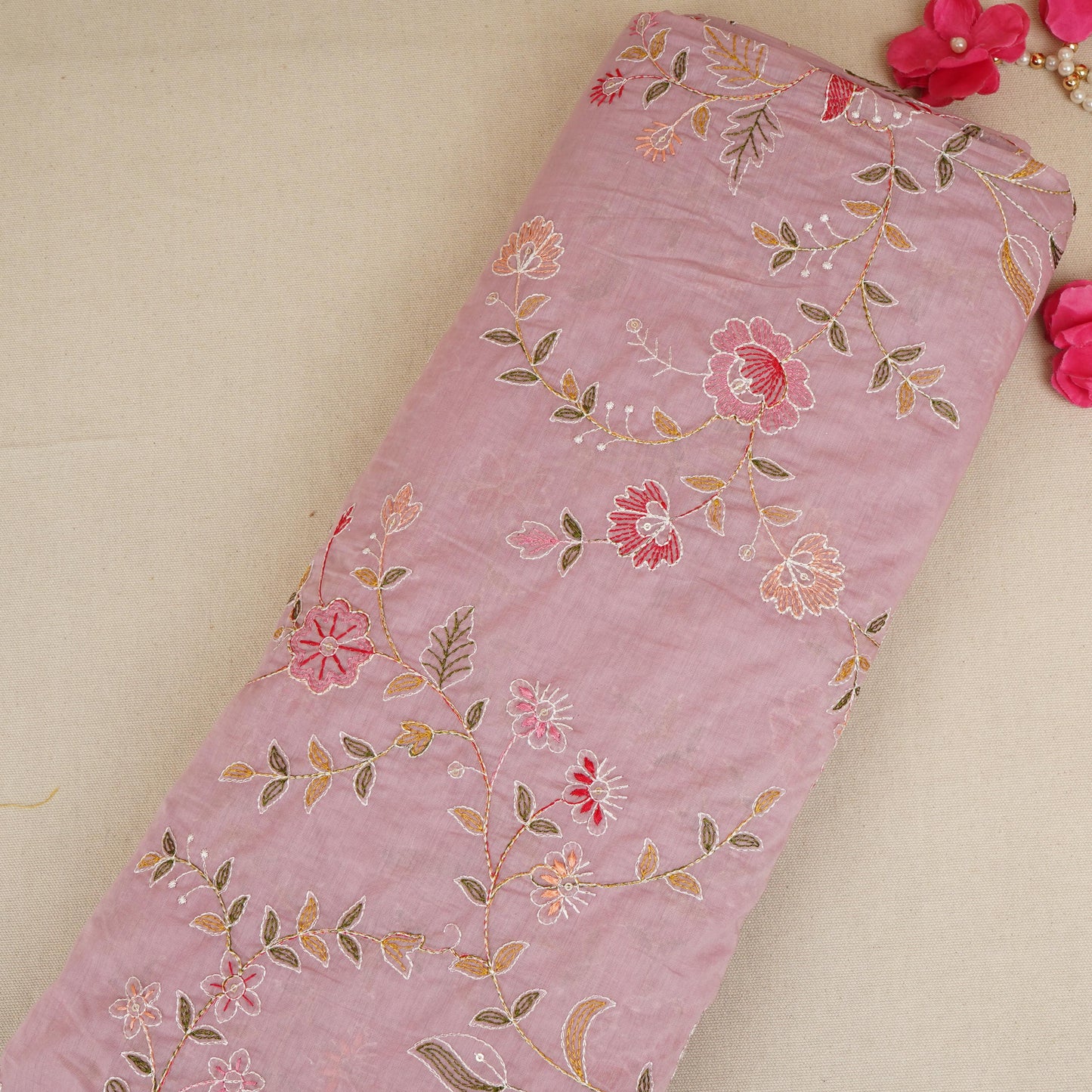 Lilac Mughal embroidery Mul Chanderi Fabric DC-29678