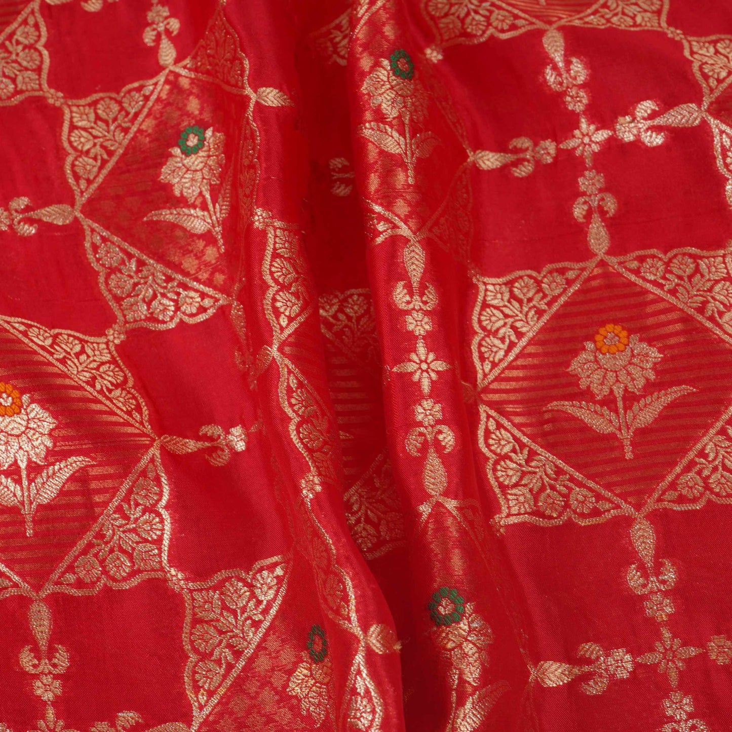 Red Floral Jaal Dupion Silk Tissue Fabric YHF-32826