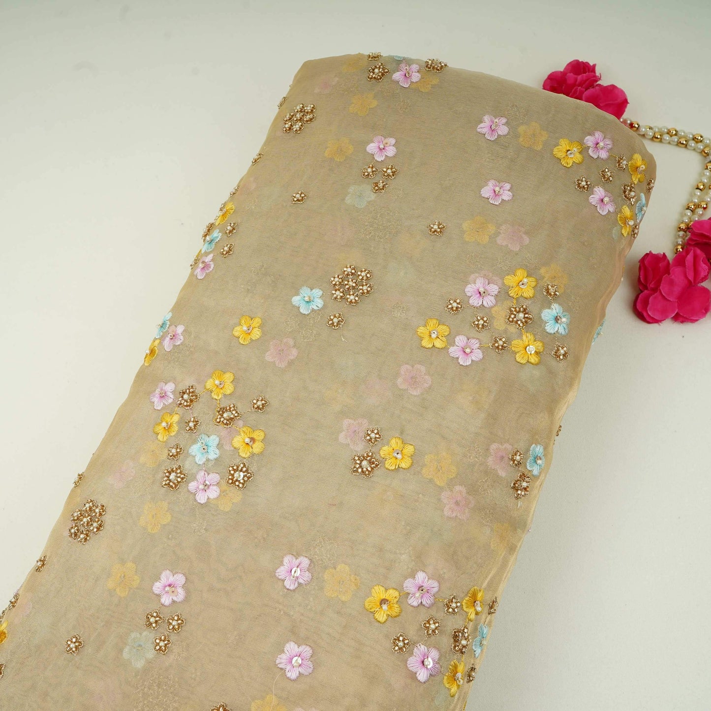 Golden floral cutdana hand embroidery Dyeable Kanjivaram Silk Fabric TF-31159