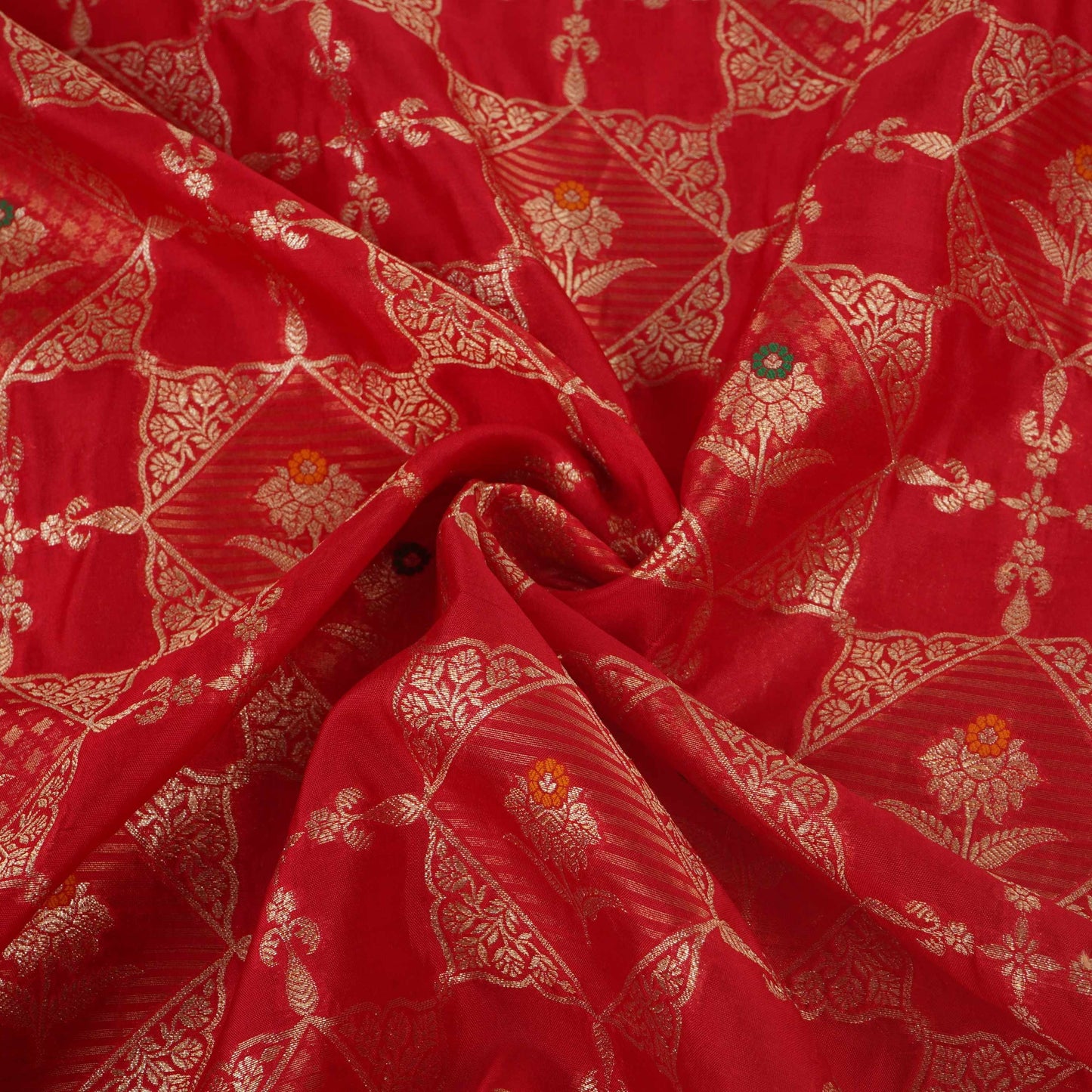 Red Floral Jaal Dupion Silk Tissue Fabric YHF-32826