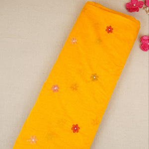 Yellow floral embroidery motif Mul Chanderi Fabric DC-29673 - TradeUNO