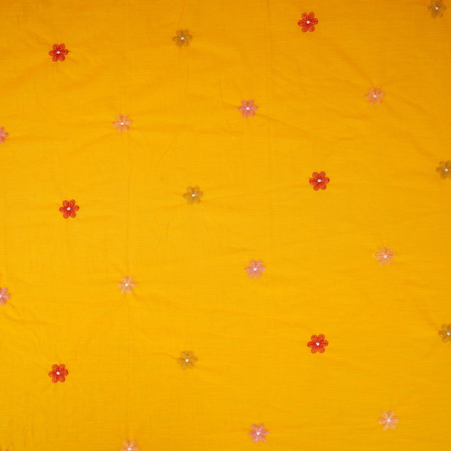 Yellow floral embroidery motif Mul Chanderi Fabric DC-29673 - TradeUNO