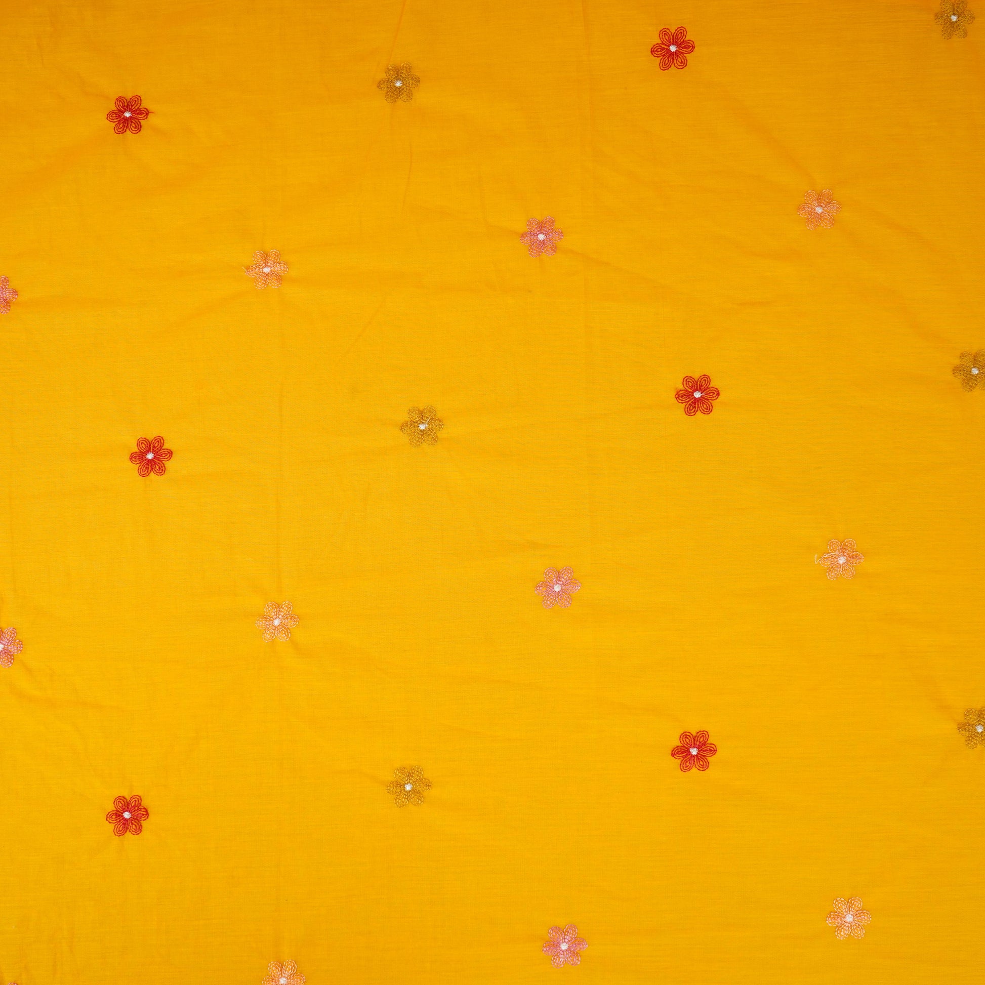 Yellow floral embroidery motif Mul Chanderi Fabric DC-29673 - TradeUNO