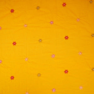 Yellow floral embroidery motif Mul Chanderi Fabric DC-29673 - TradeUNO
