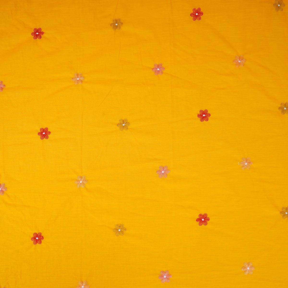 Yellow floral embroidery motif Mul Chanderi Fabric DC-29673 - TradeUNO
