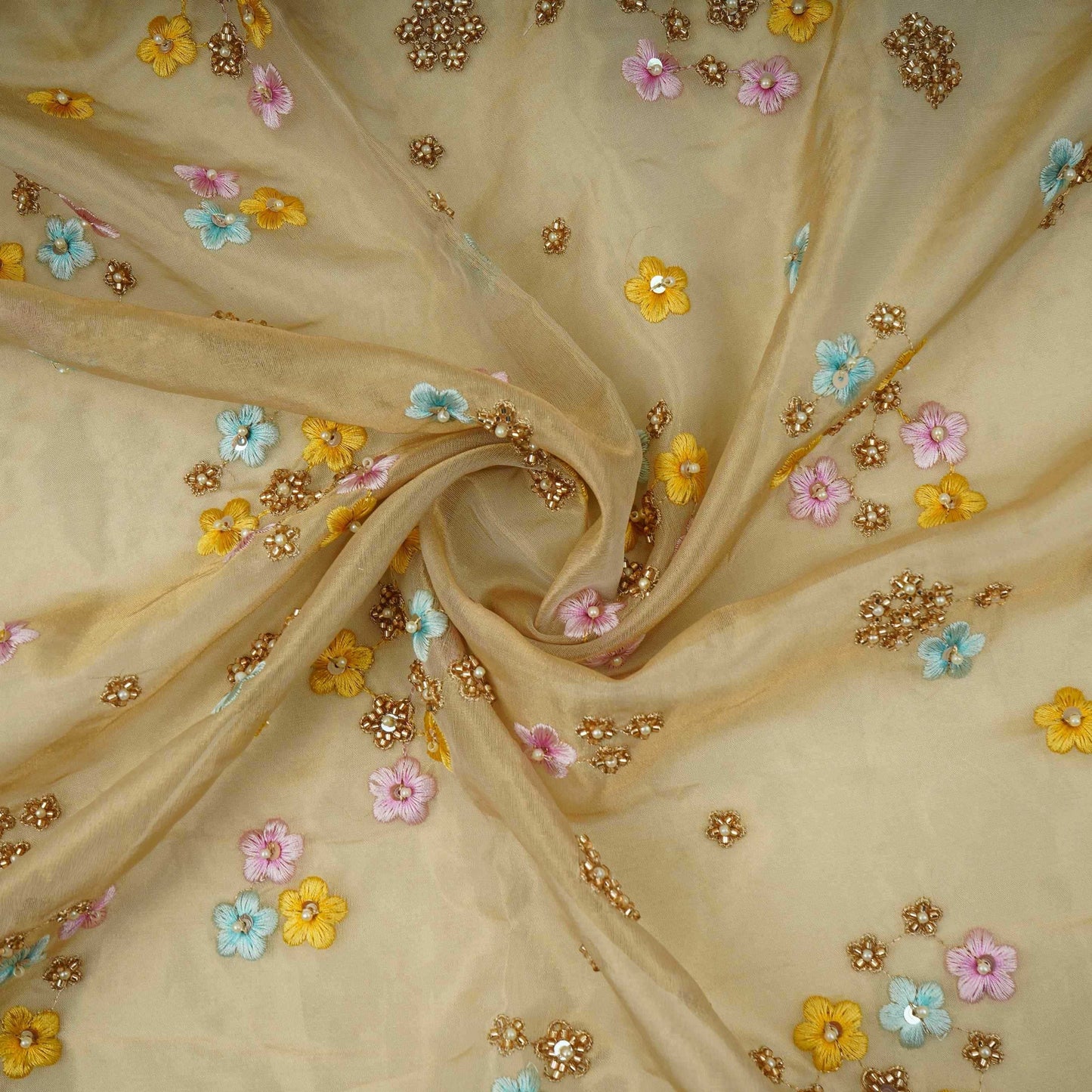 Golden floral cutdana hand embroidery Dyeable Kanjivaram Silk Fabric TF-31159