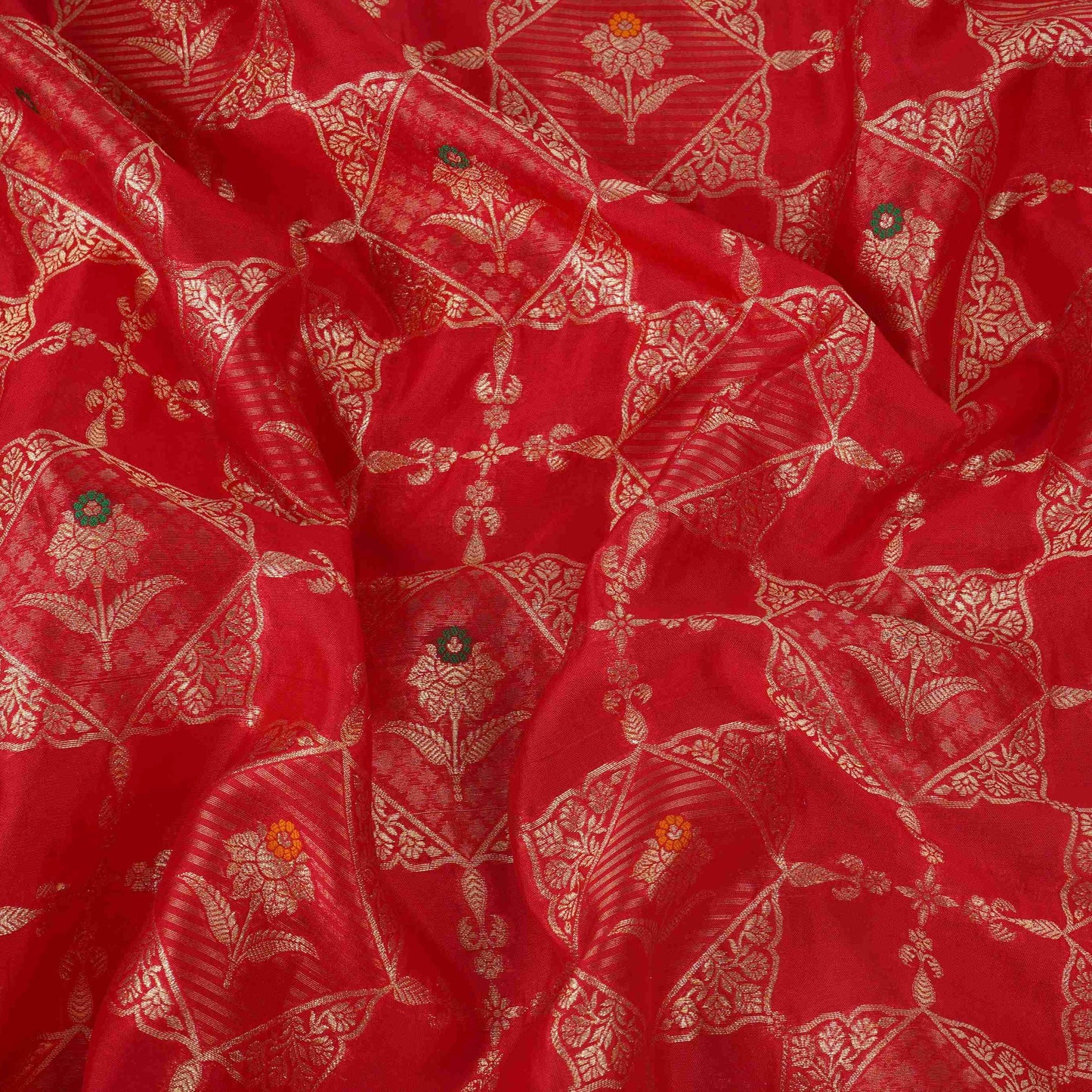Red Floral Jaal Dupion Silk Tissue Fabric YHF-32826
