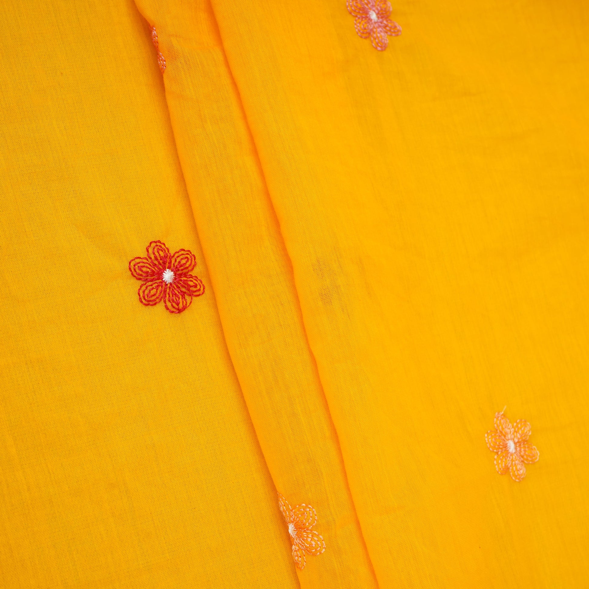 Yellow floral embroidery motif Mul Chanderi Fabric DC-29673 - TradeUNO