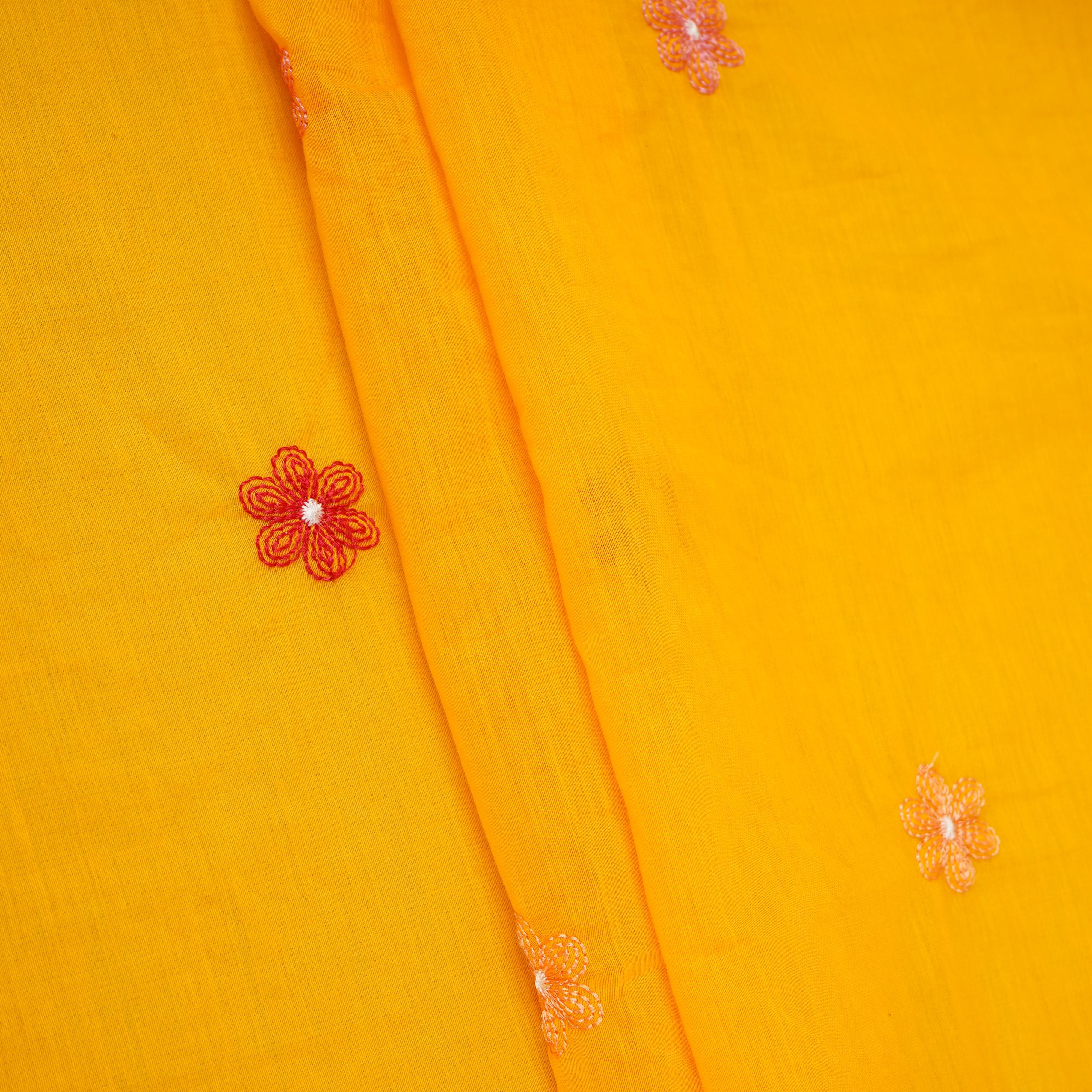 Yellow floral embroidery motif Mul Chanderi Fabric DC-29673 - TradeUNO