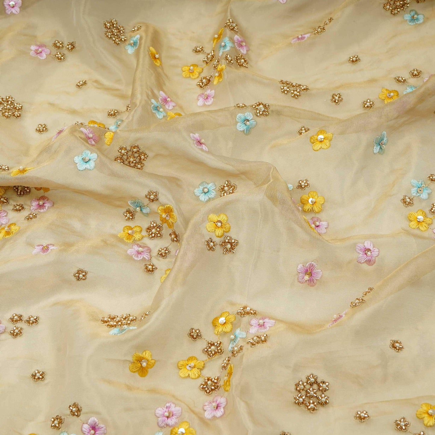 Golden floral cutdana hand embroidery Dyeable Kanjivaram Silk Fabric TF-31159