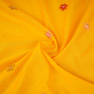 Yellow floral embroidery motif Mul Chanderi Fabric DC-29673 - TradeUNO