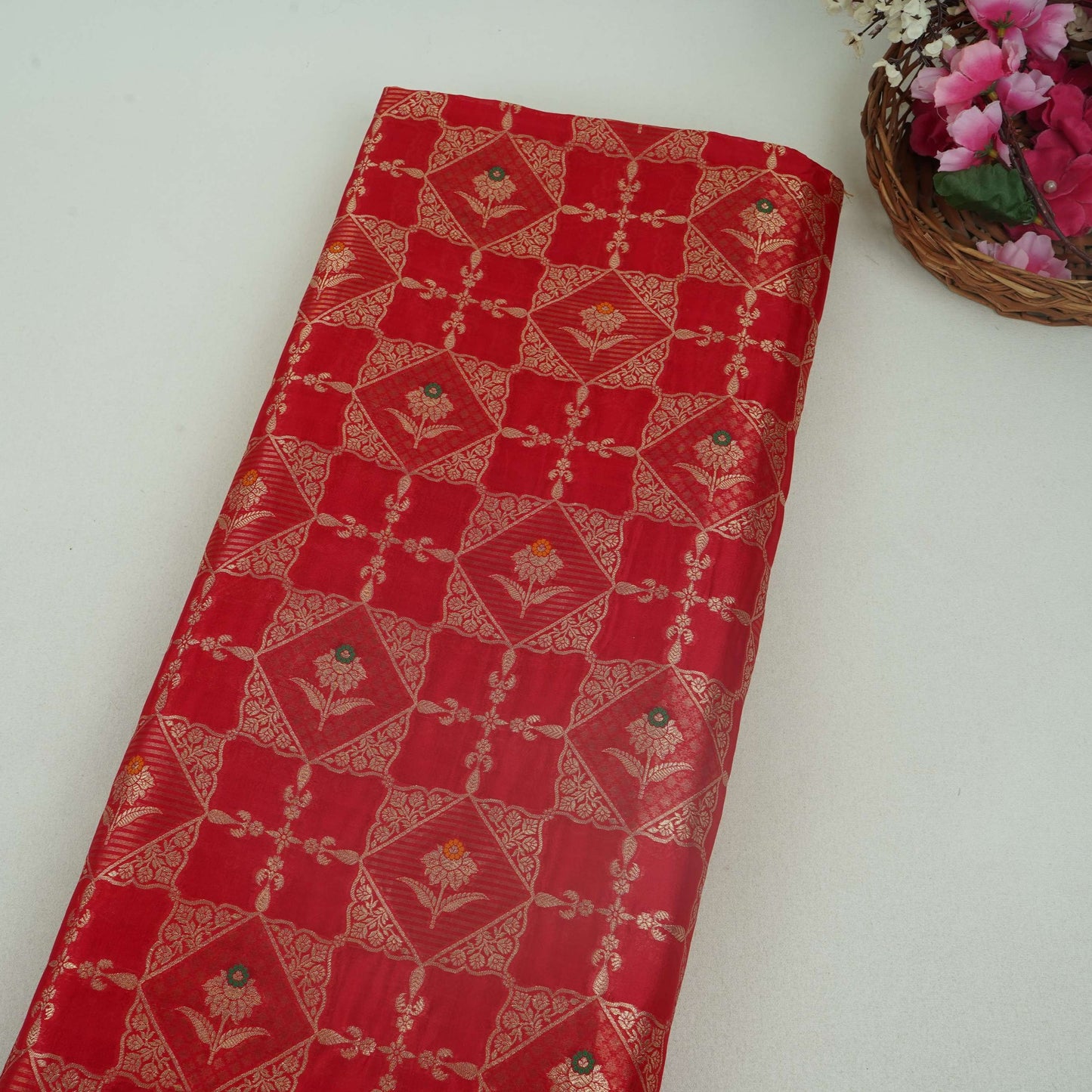 Red Floral Jaal Dupion Silk Tissue Fabric YHF-32826