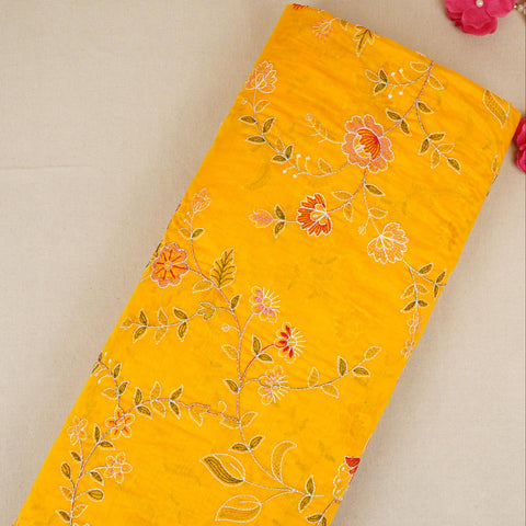 Yellow Mughal embroidery Mul Chanderi Fabric DC-29672