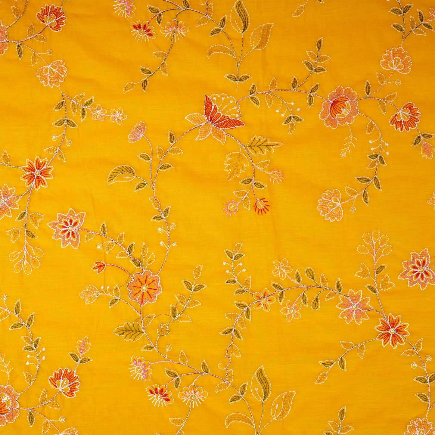 Yellow Mughal embroidery Mul Chanderi Fabric DC-29672