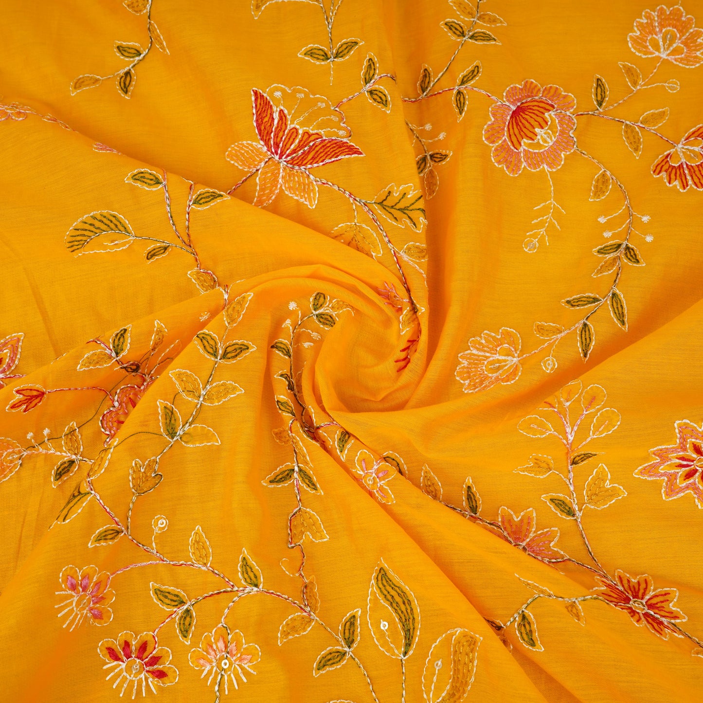Yellow Mughal embroidery Mul Chanderi Fabric DC-29672