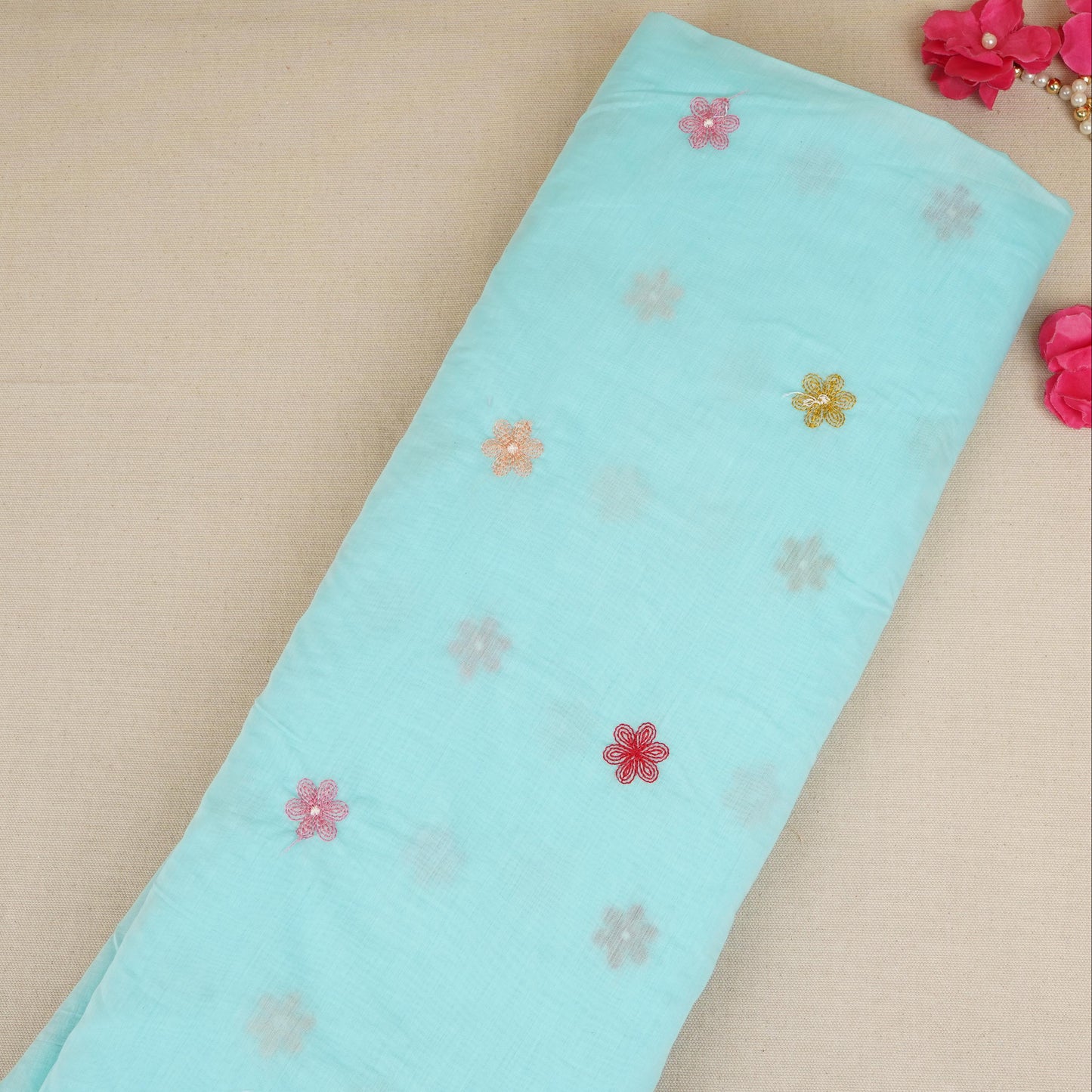 Sky Blue floral embroidery motif Mul Chanderi Fabric DC-29675