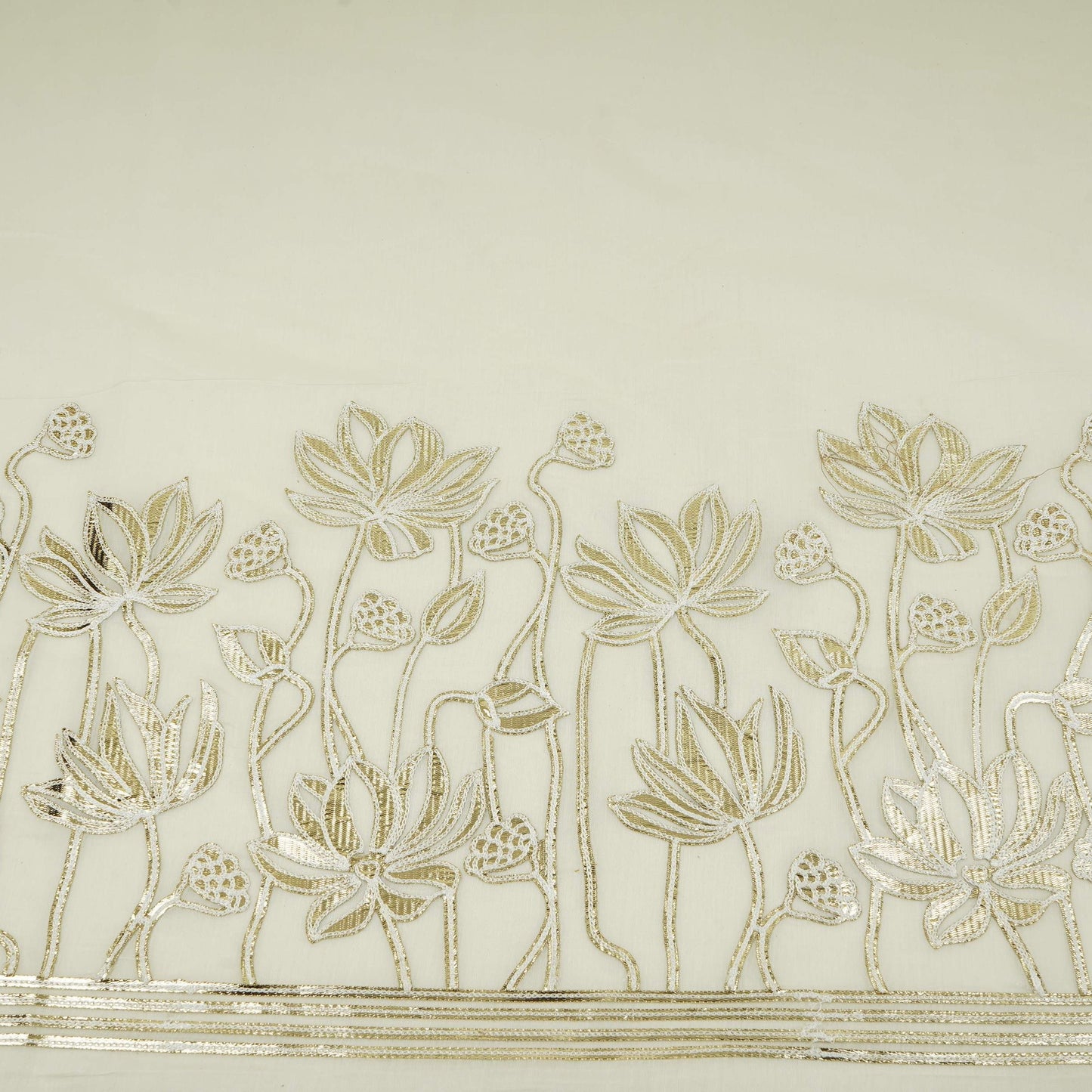 Off White Floral Mirror Embroidery Pure Banaras Mul Chanderi Fabric SGS-30704