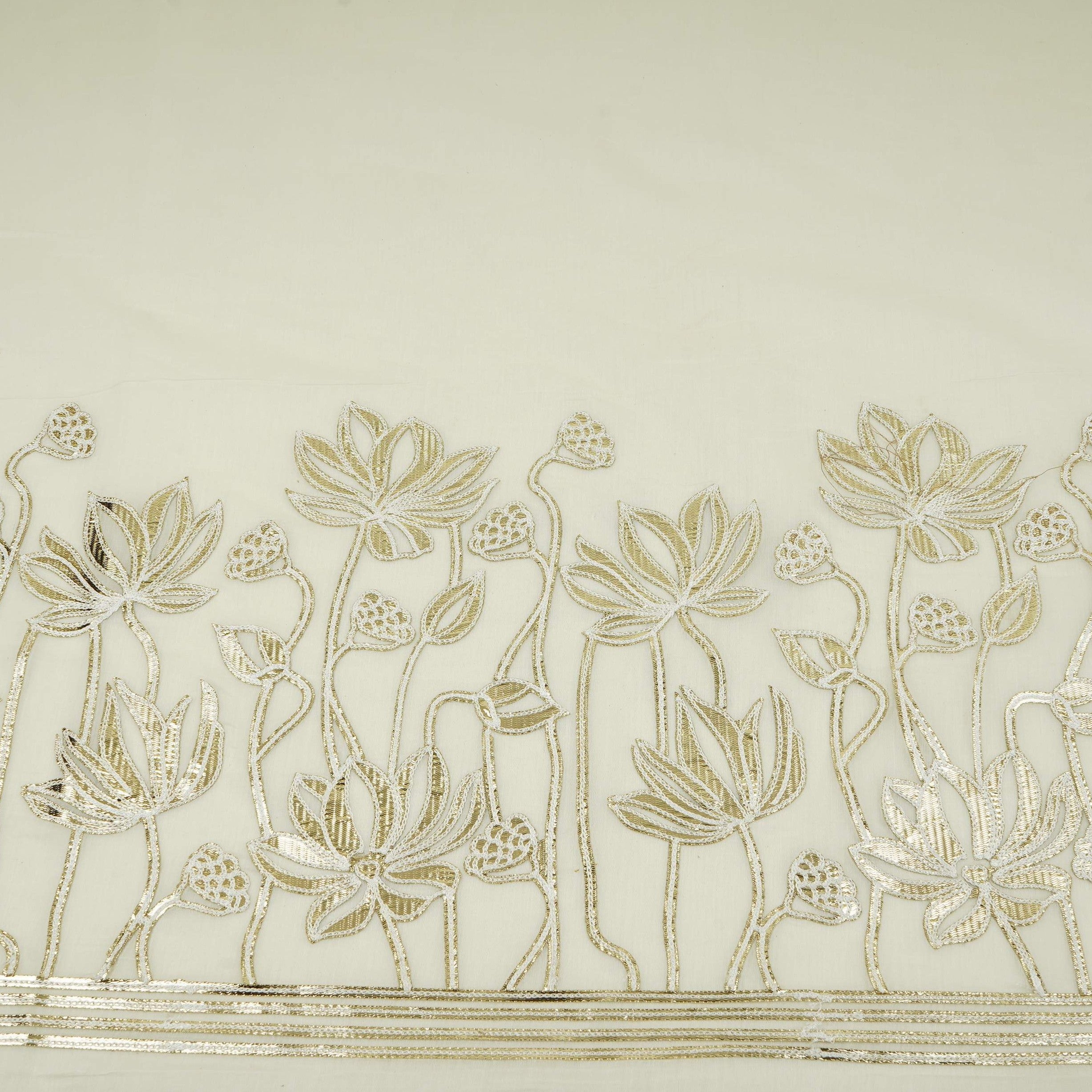 Off White Floral Mirror Embroidery Pure Banaras Mul Chanderi Fabric SGS-30704 - TradeUNO