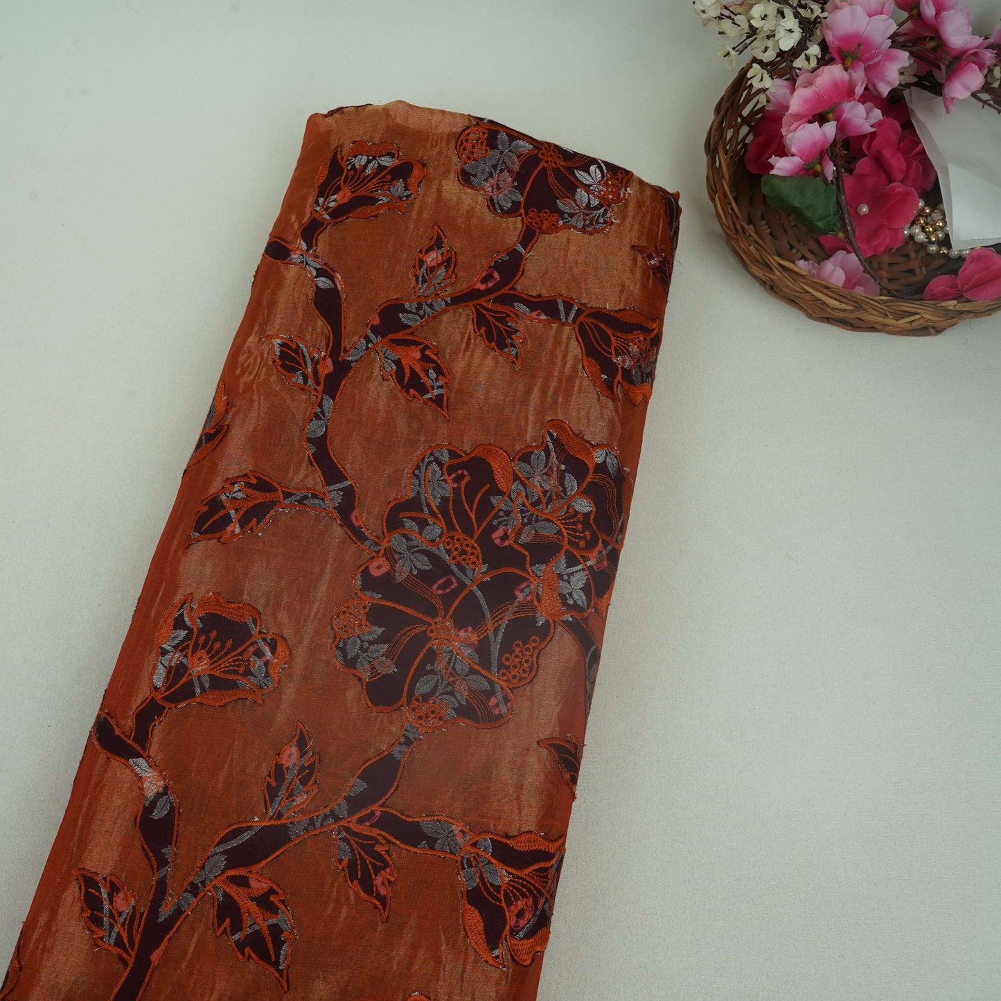 Rust Brown Applique Work Tissue Fabric YHF-32812