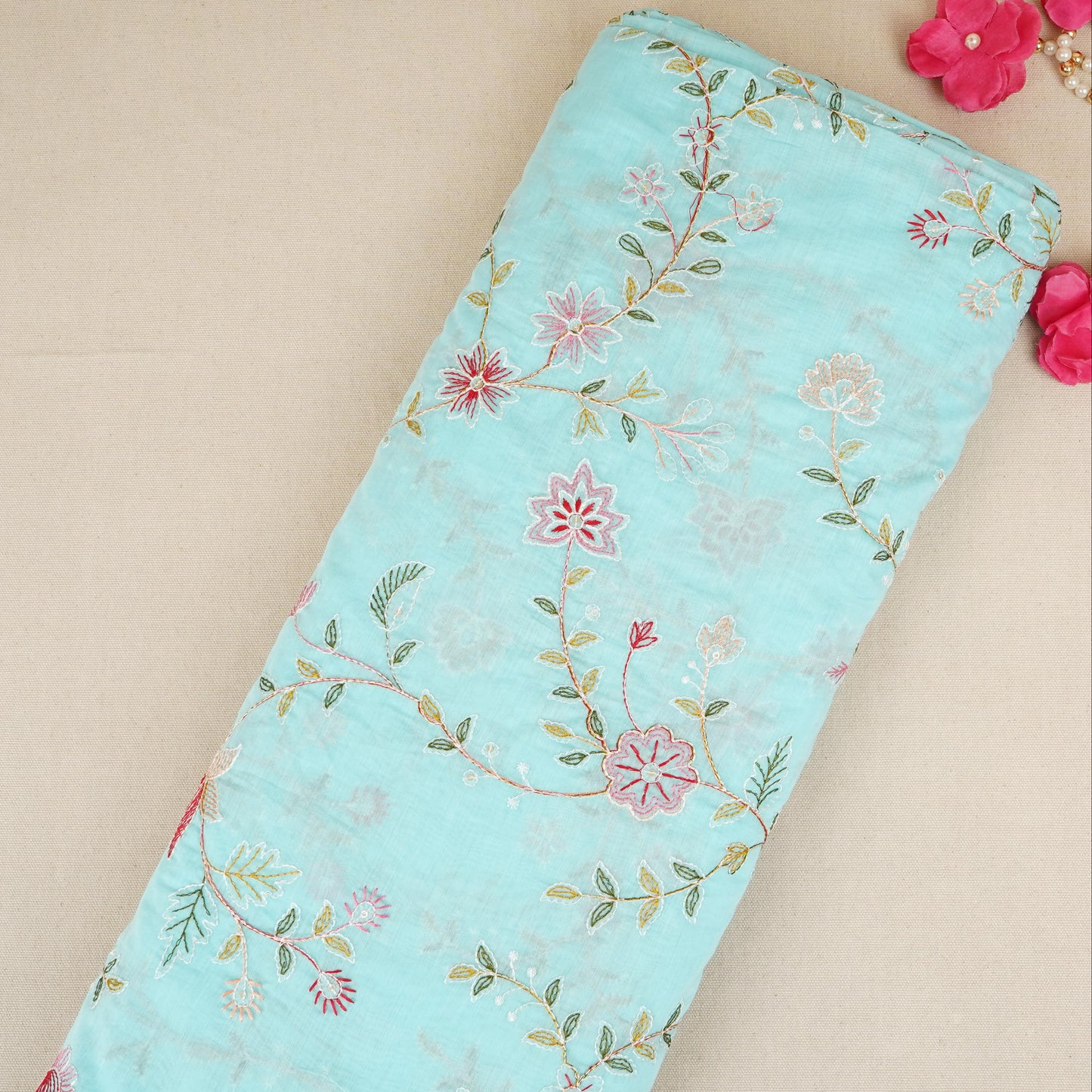 Sky Blue Mughal embroidery Mul Chanderi Fabric DC-29674