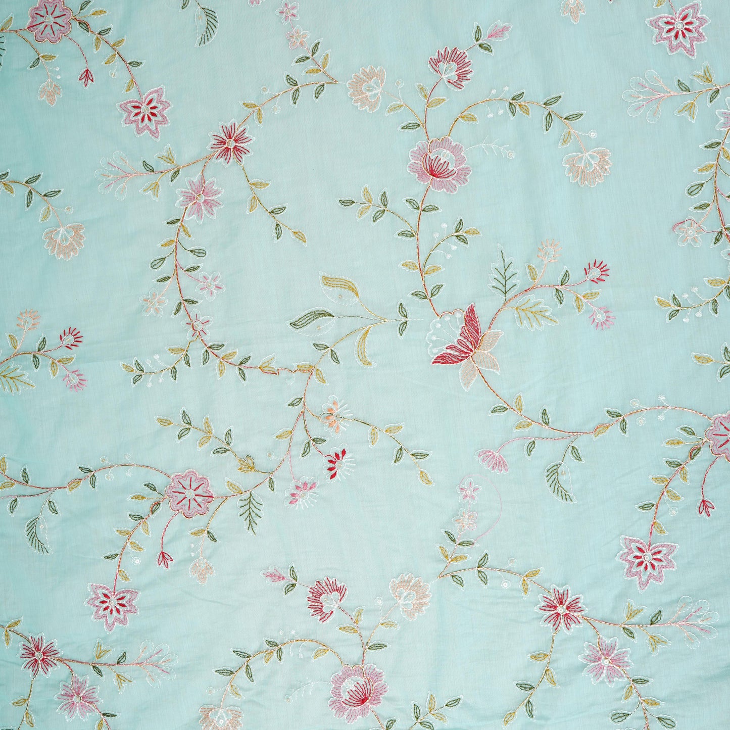 Sky Blue Mughal embroidery Mul Chanderi Fabric DC-29674