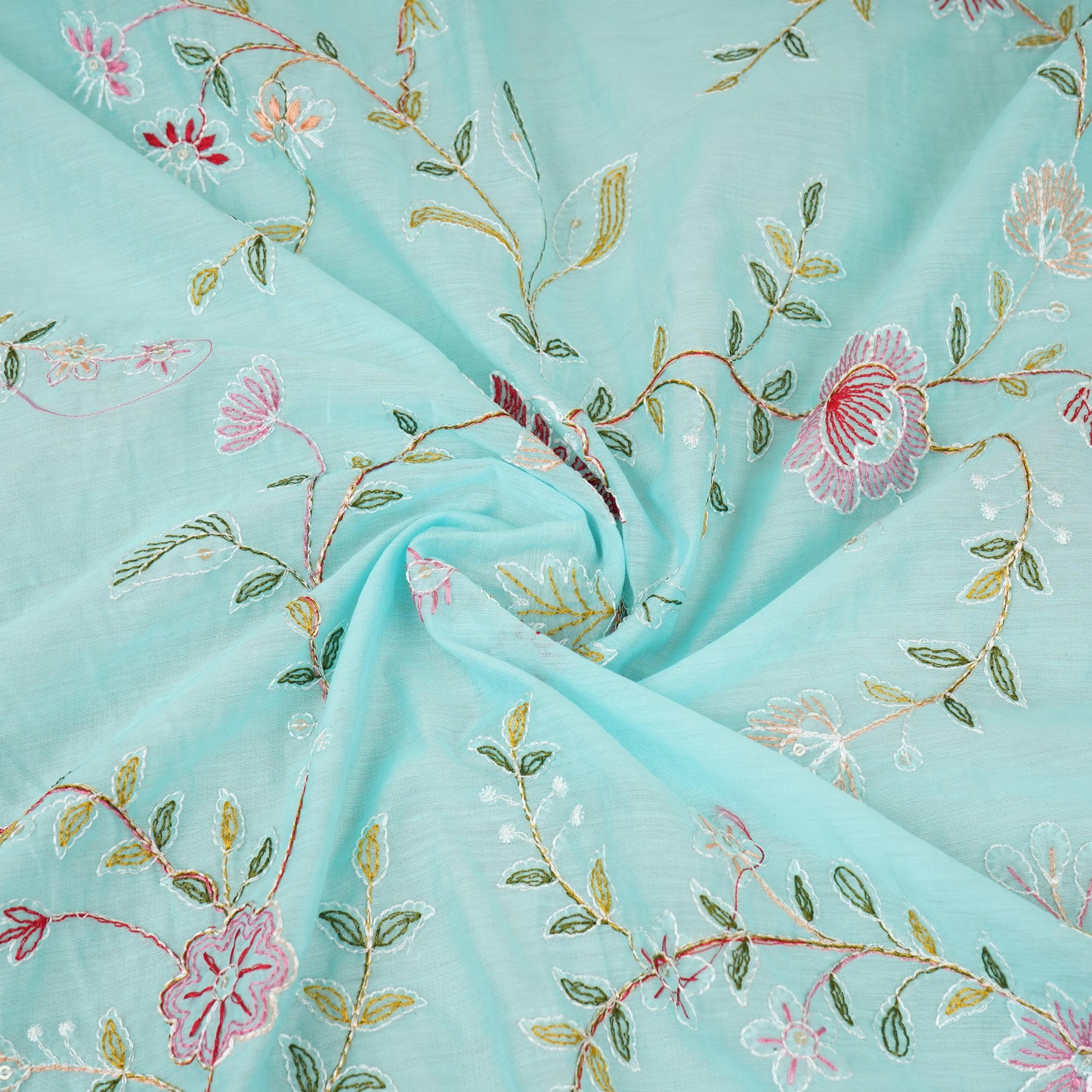 Sky Blue Mughal embroidery Mul Chanderi Fabric DC-29674
