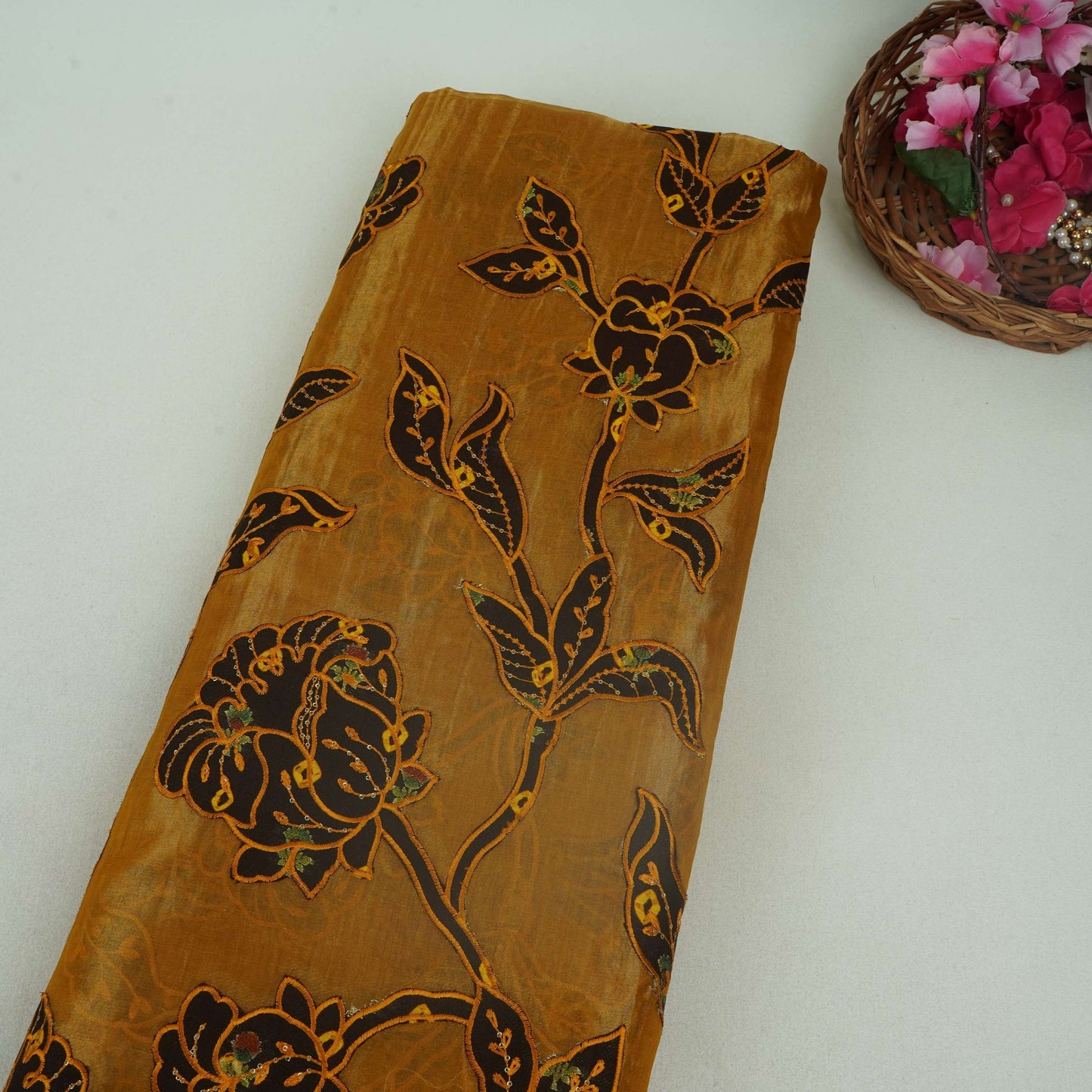 Antique Gold Applique Work Tissue Fabric YHF-32813