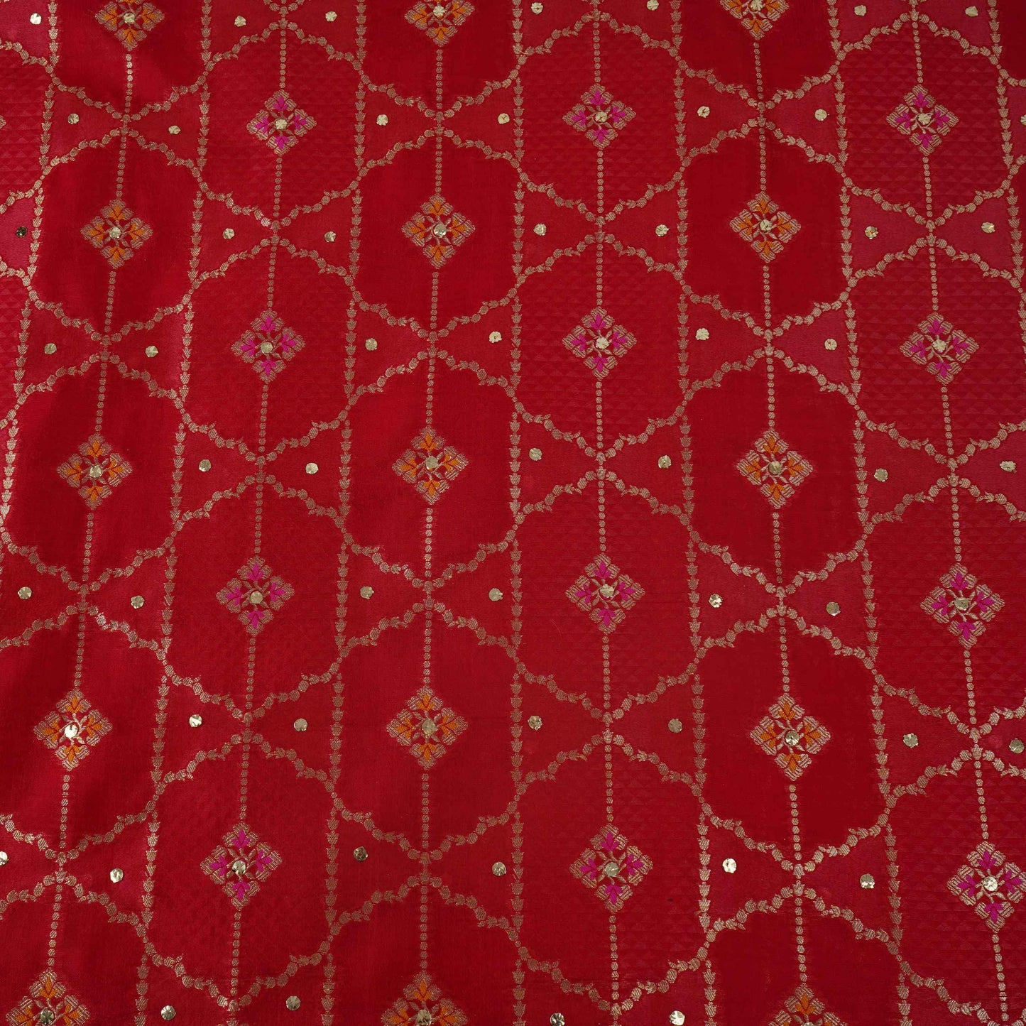 Red Mukesh Work with Jacquard Dupion Silk Tissue Fabric YHF-32822