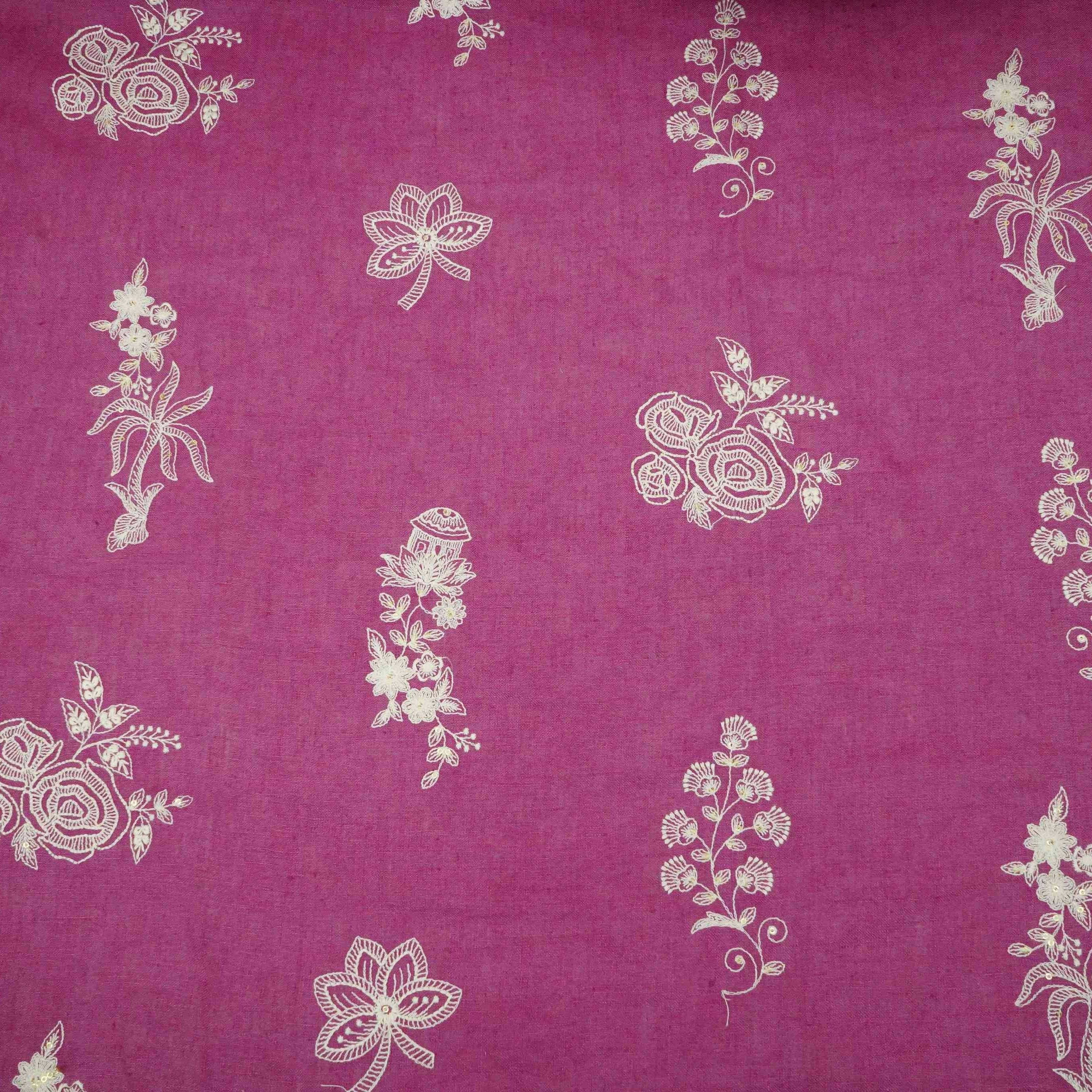 Magenta thread embroidery Pure Linen Fabric SN-31244 - TradeUNO