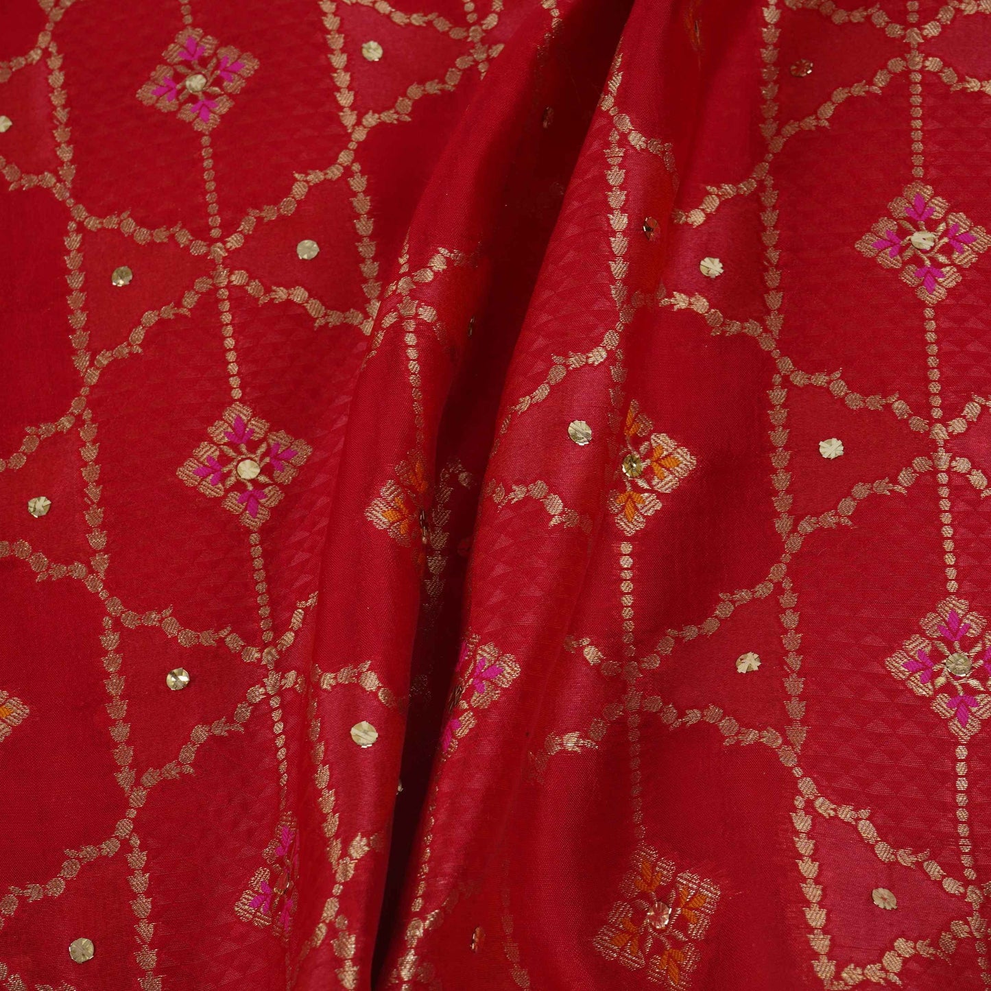 Red Mukesh Work with Jacquard Dupion Silk Tissue Fabric YHF-32822