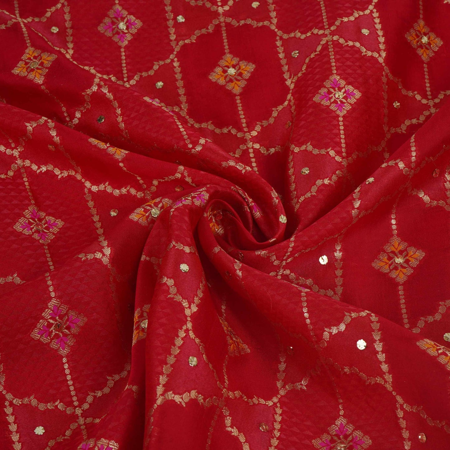 Red Mukesh Work with Jacquard Dupion Silk Tissue Fabric YHF-32822