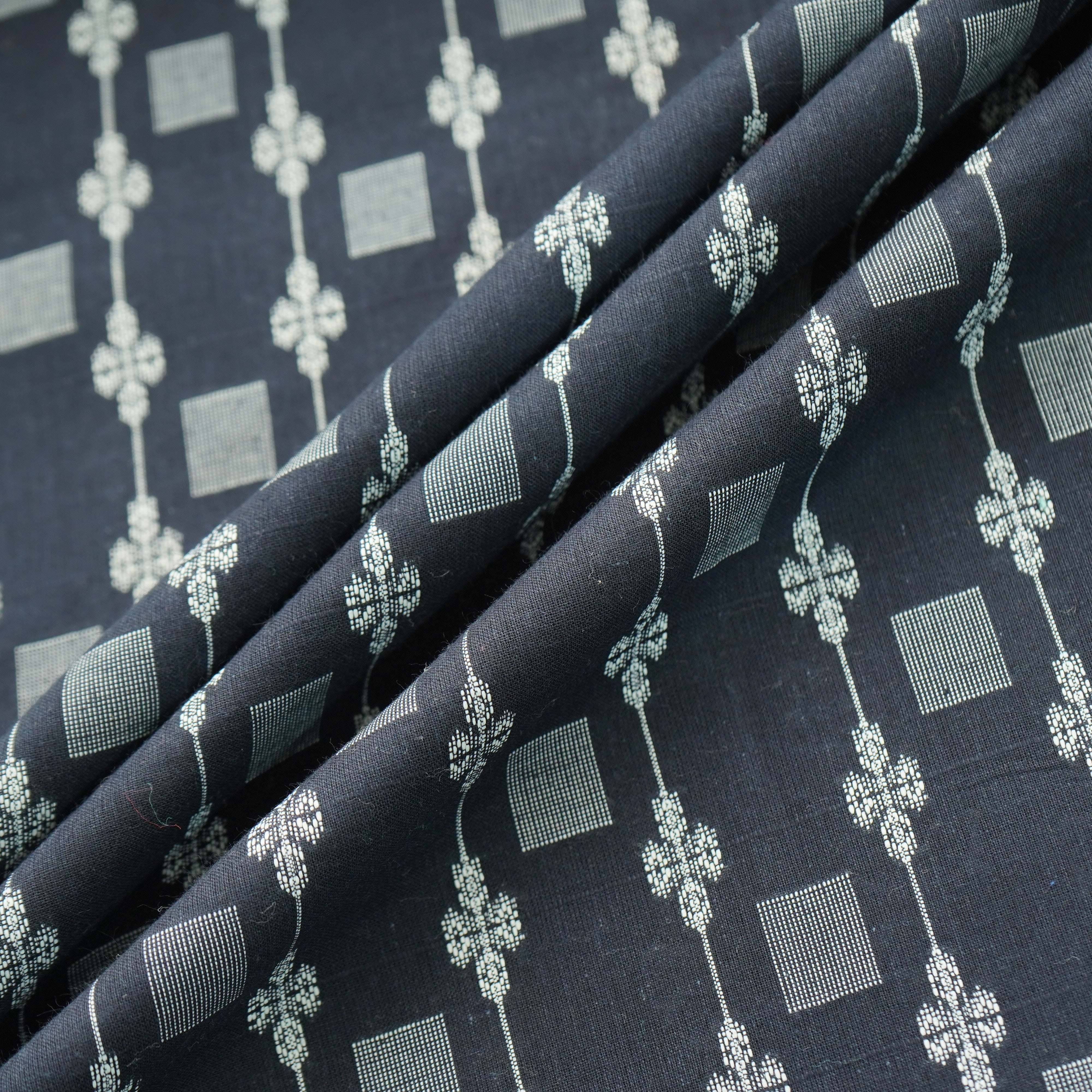 Blue Floral Geometrical Silver Dobby Embroidery Cotton Fabric 16436